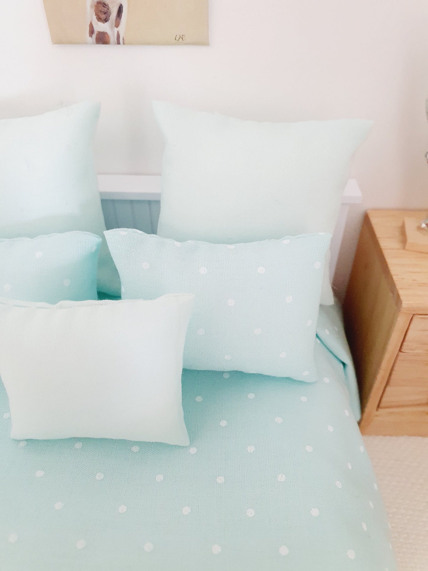 Dolls house 6 piece set, Double bedding, Mint Polka Dot print, 12th scale bedding, miniature bed set