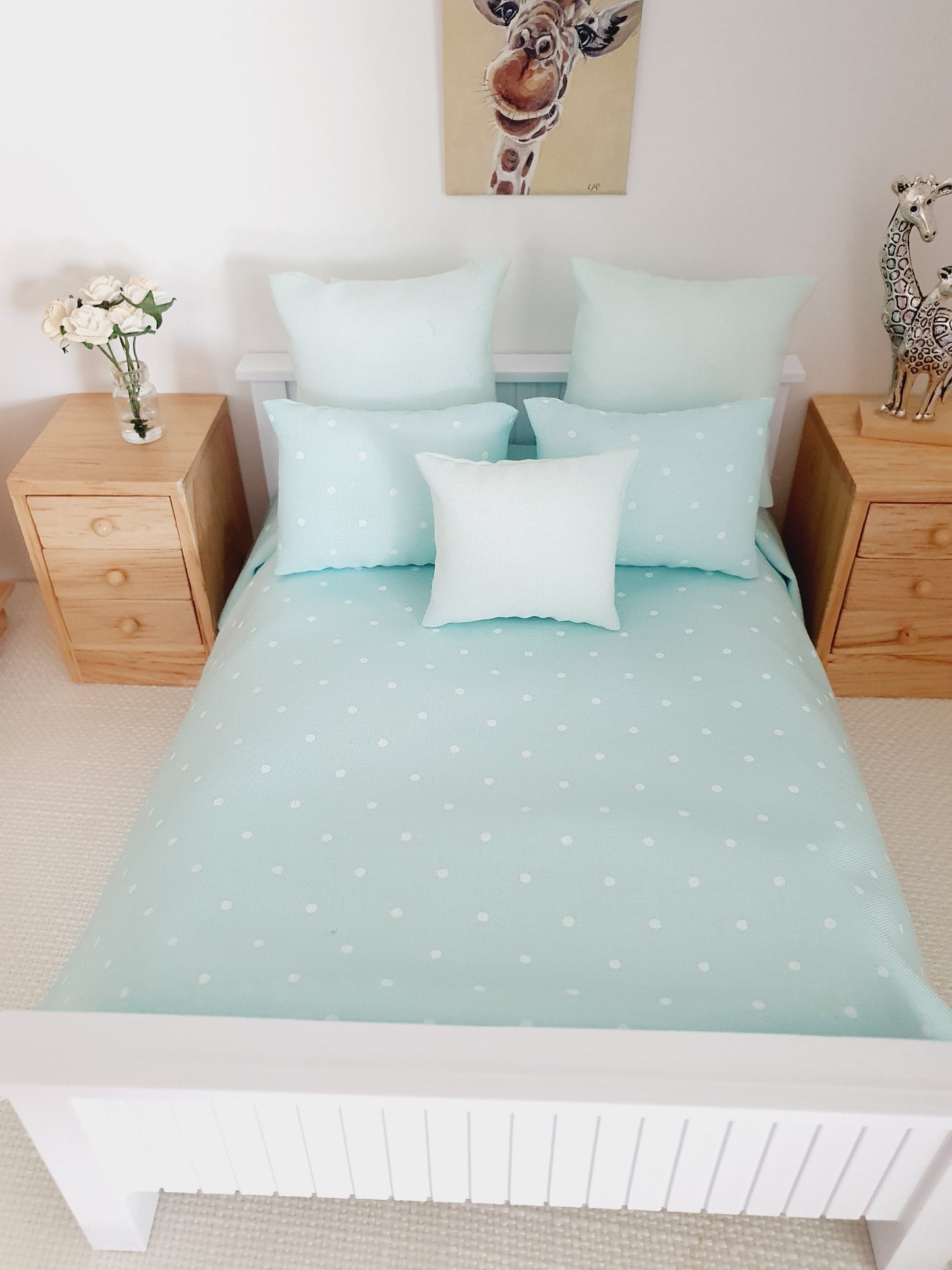 Dolls house 6 piece set, Double bedding, Mint Polka Dot print, 12th scale bedding, miniature bed set