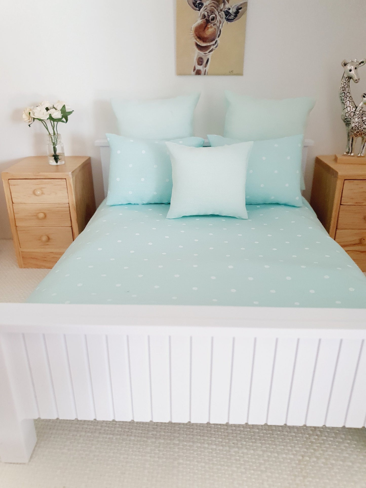 Dolls house 6 piece set, Double bedding, Mint Polka Dot print, 12th scale bedding, miniature bed set
