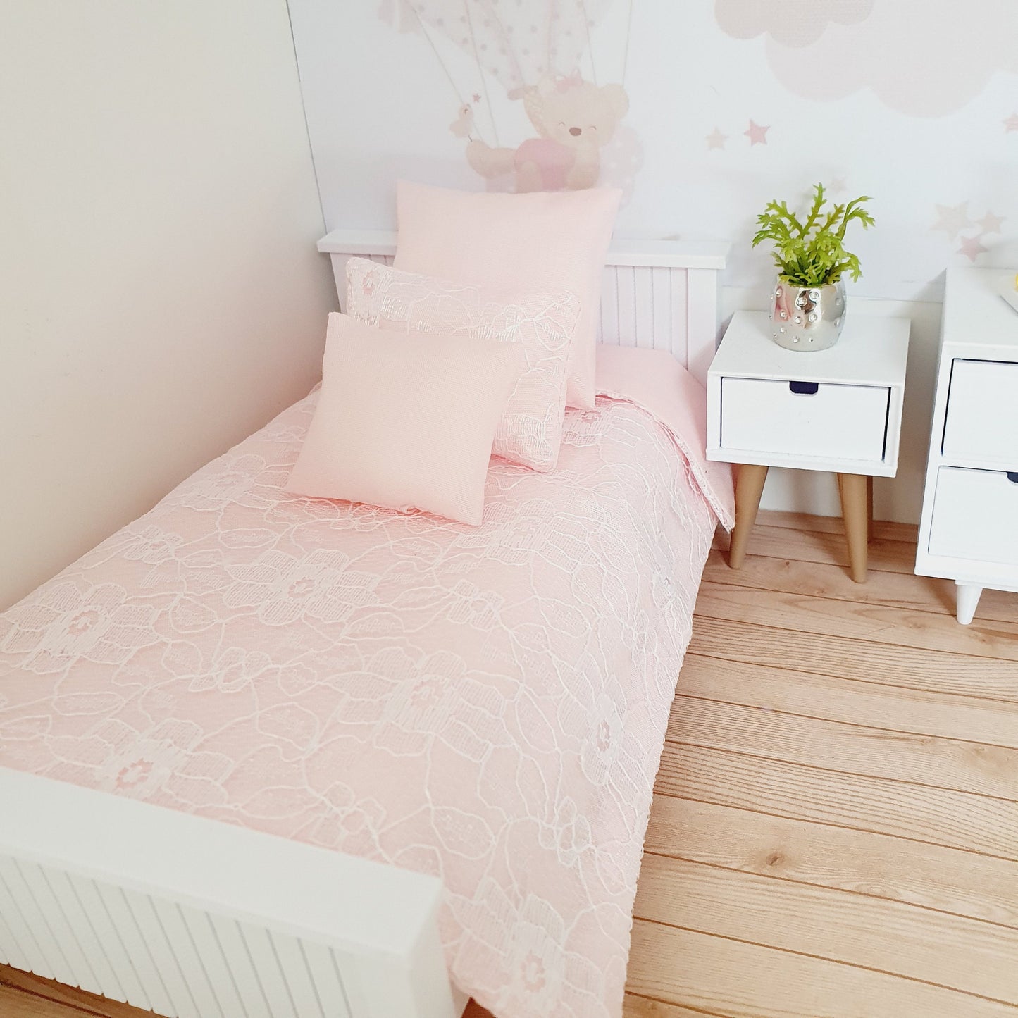 Dolls House Pink Lace Single Bedding Set, 4 Piece 12th scale bedding, miniature bed set