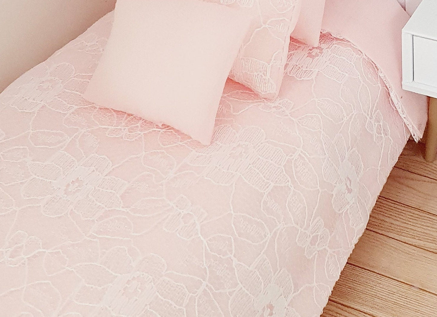 Dolls House Pink Lace Single Bedding Set, 4 Piece 12th scale bedding, miniature bed set