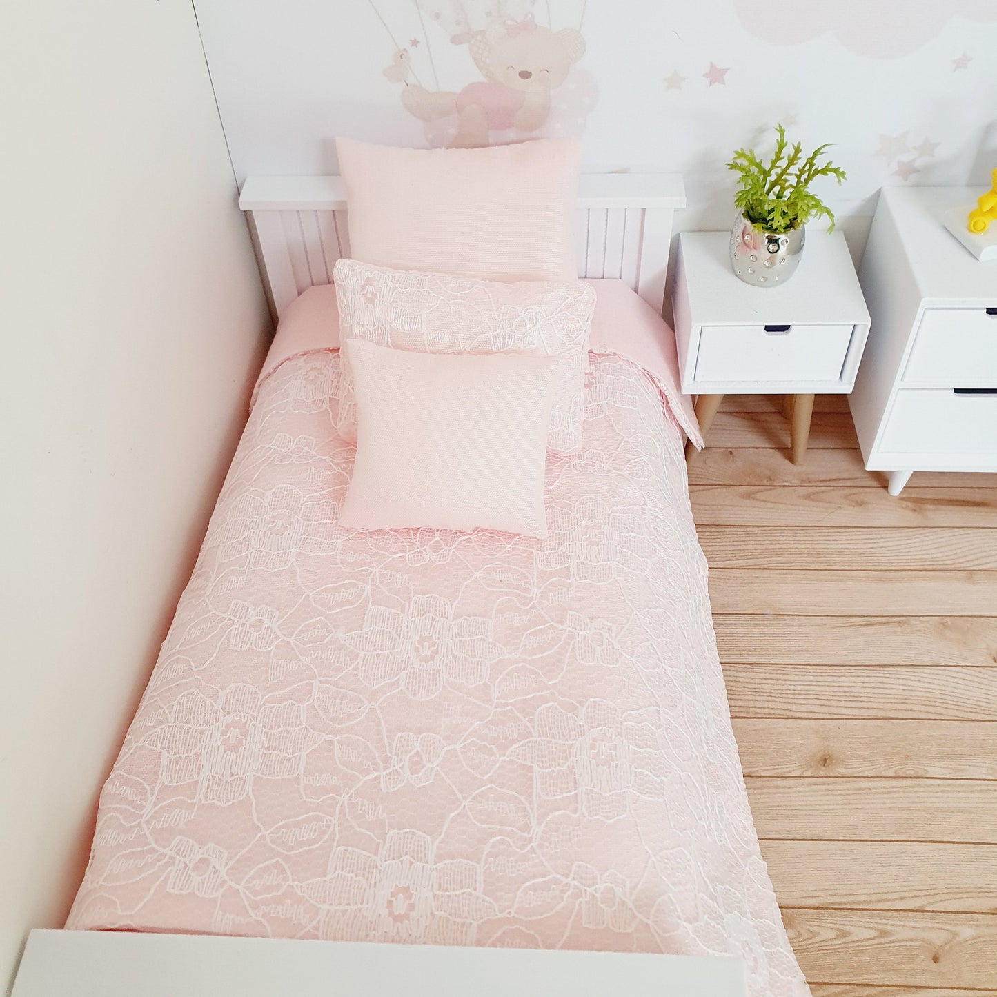Dolls House Pink Lace Single Bedding Set, 4 Piece 12th scale bedding, miniature bed set