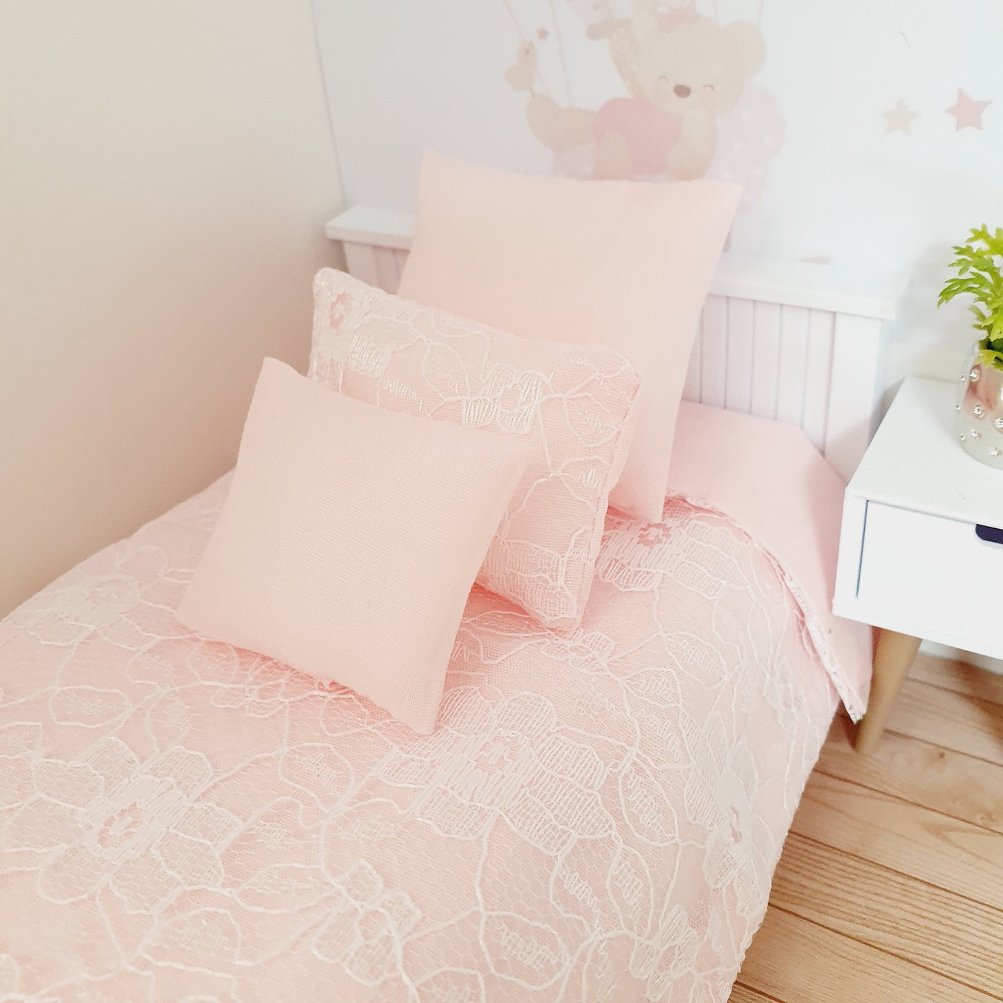 Dolls House Pink Lace Single Bedding Set, 4 Piece 12th scale bedding, miniature bed set