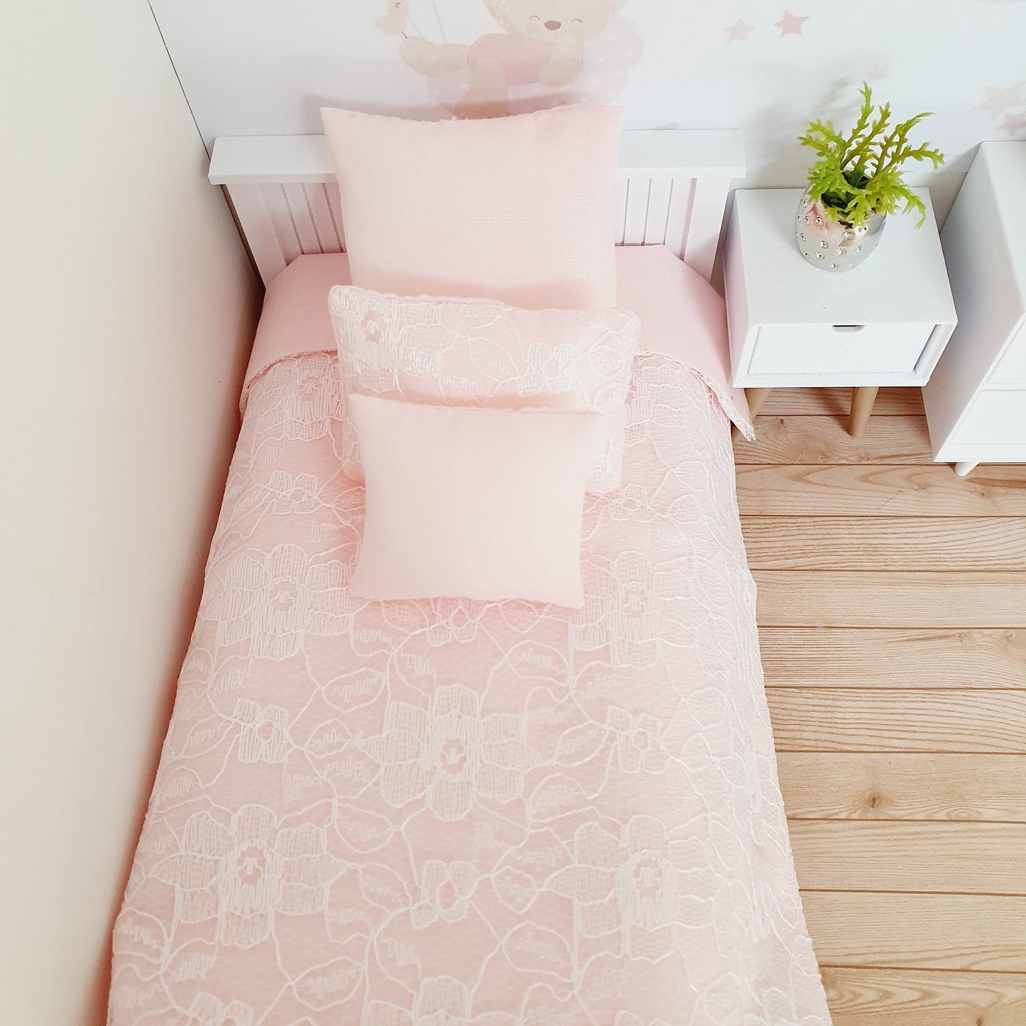 Dolls House Pink Lace Single Bedding Set, 4 Piece 12th scale bedding, miniature bed set