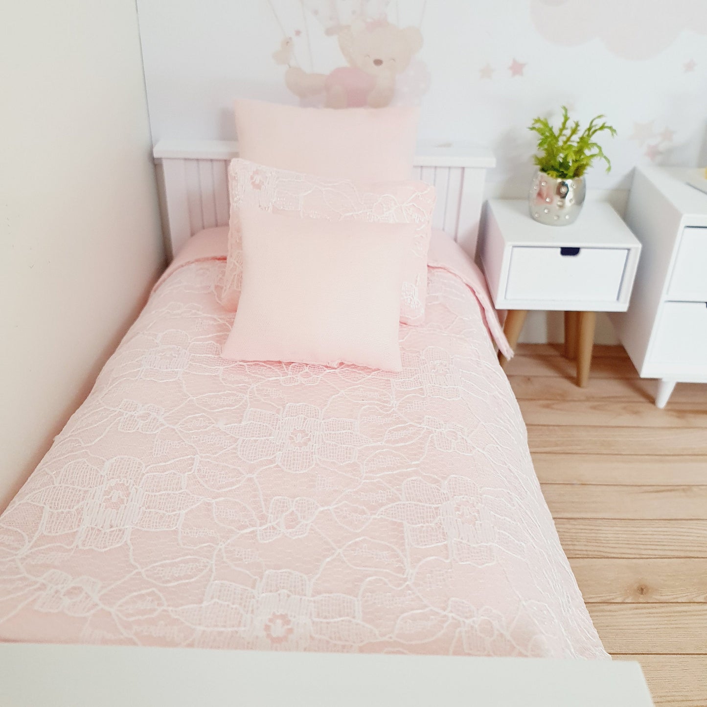 Dolls House Pink Lace Single Bedding Set, 4 Piece 12th scale bedding, miniature bed set