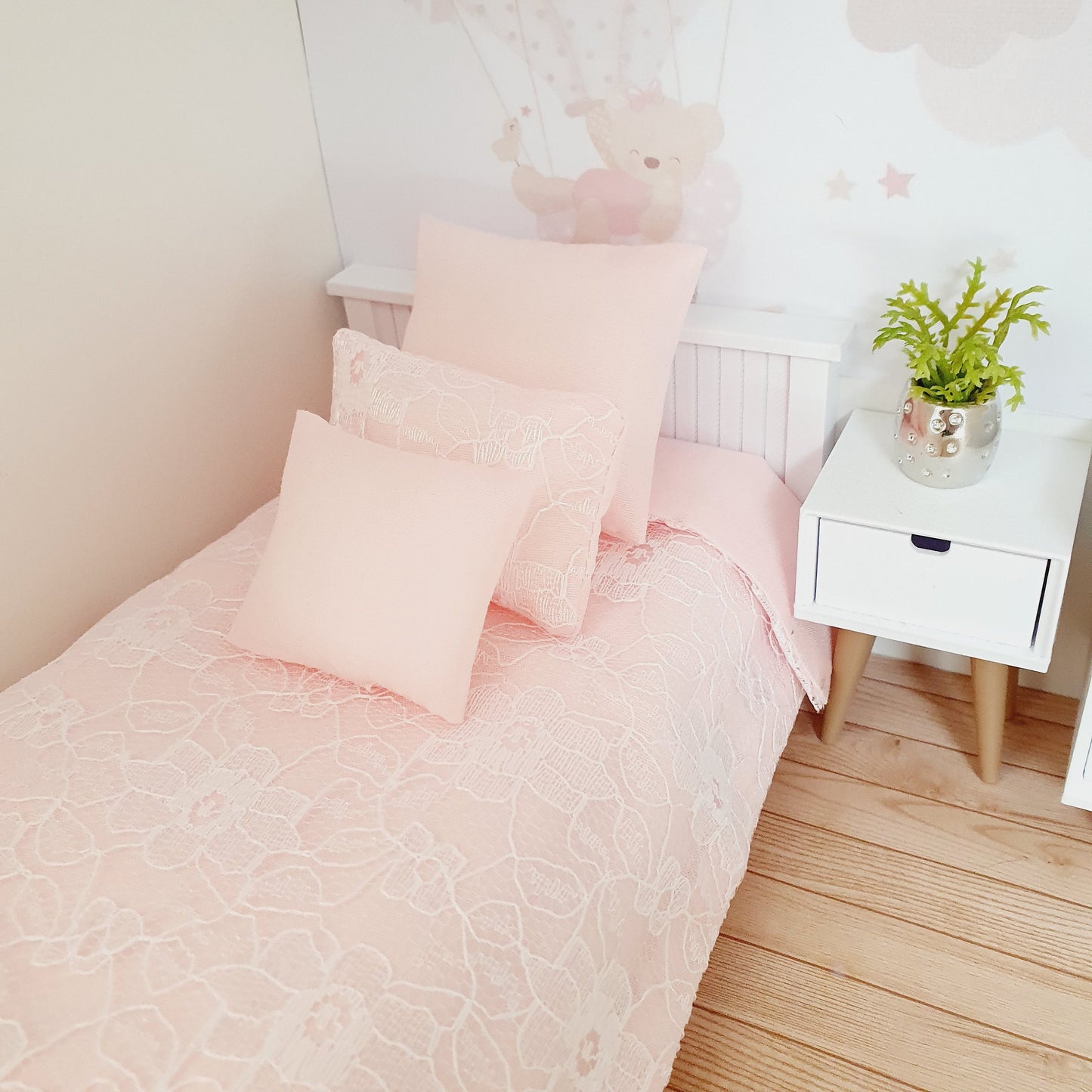 Dolls House Pink Lace Single Bedding Set, 4 Piece 12th scale bedding, miniature bed set