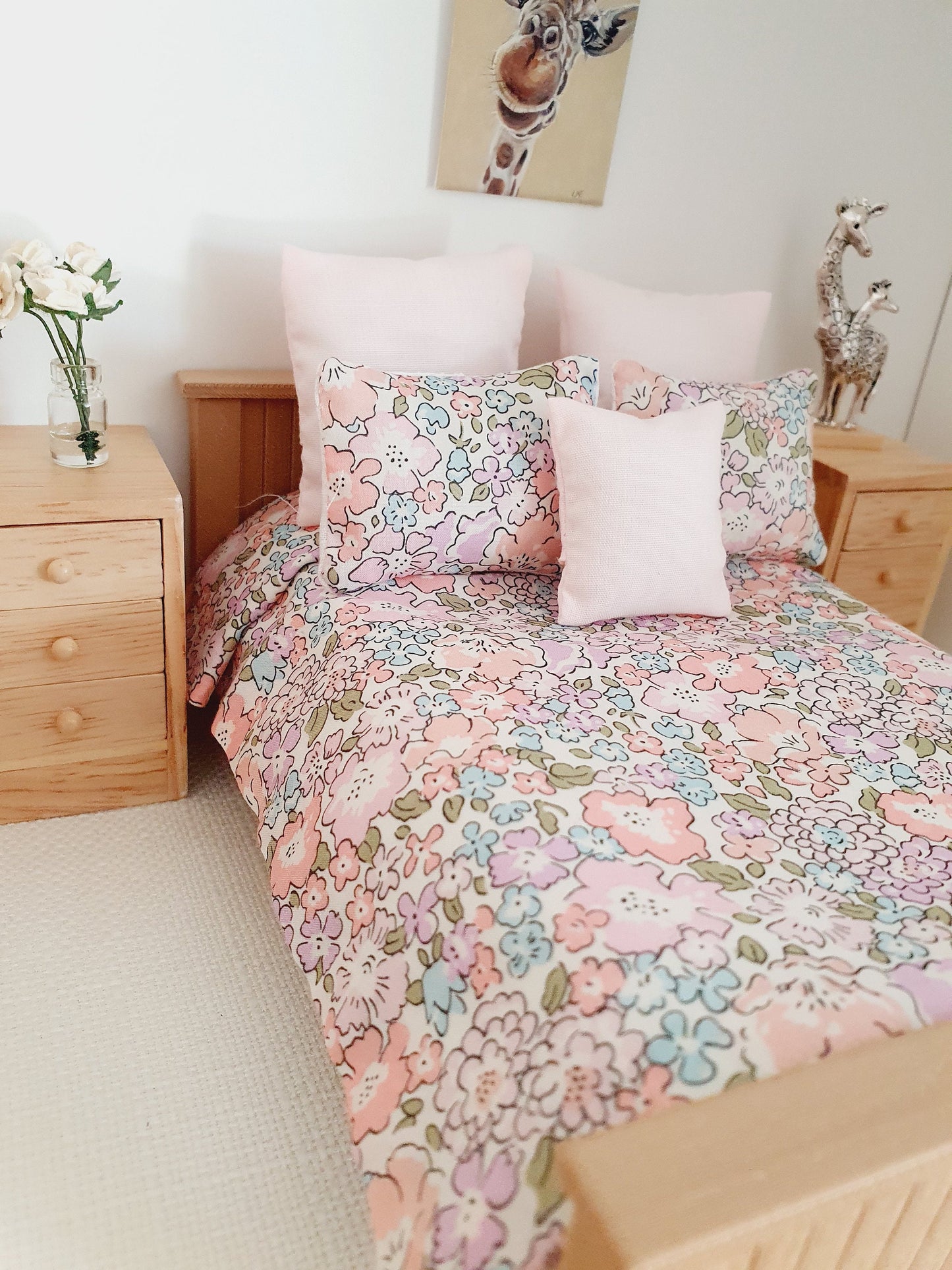 Dolls house 6 piece set, Double bedding, Liberty Michelle floral print, 12th scale bedding, miniature bed set (BD4)