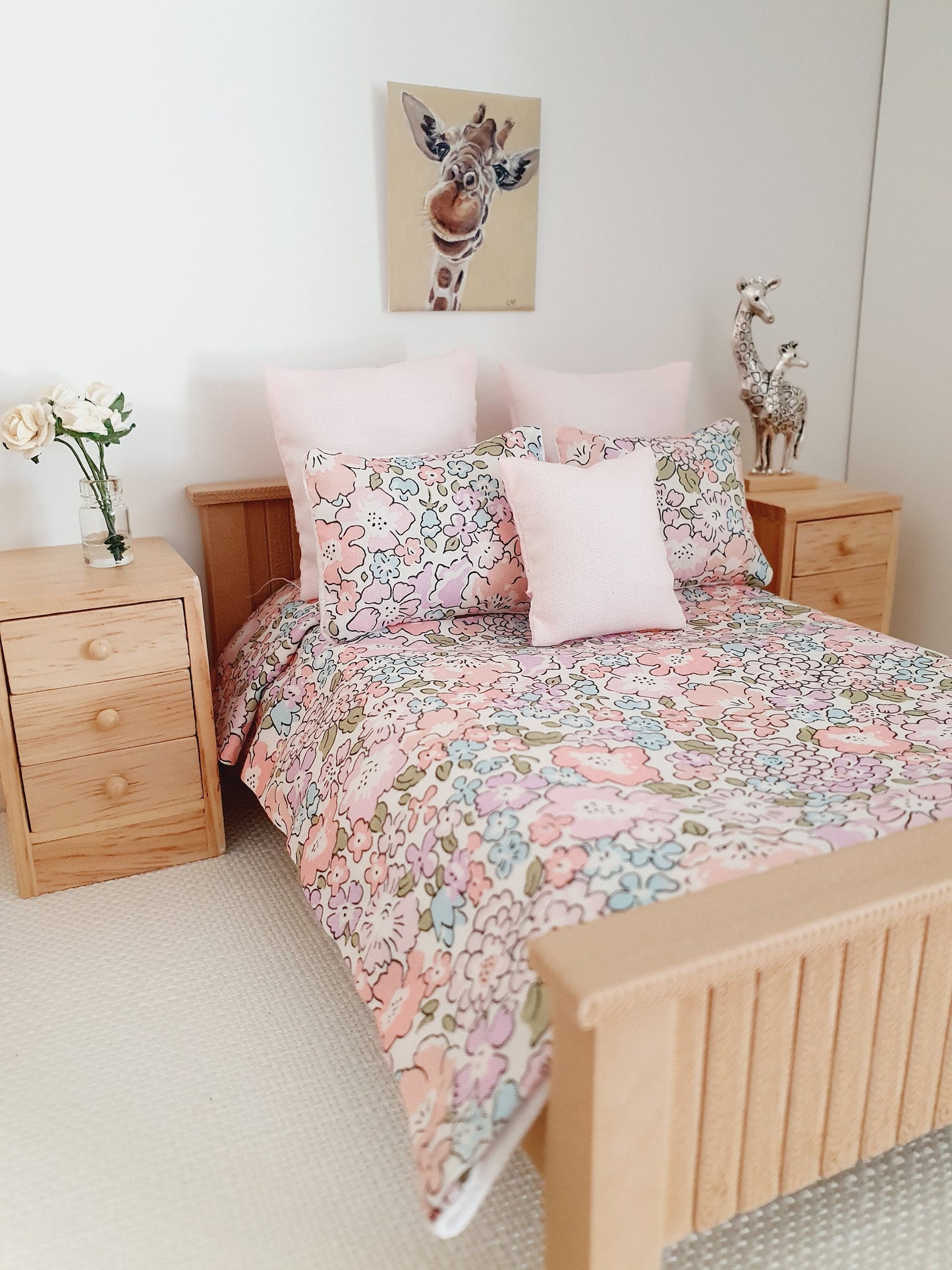 Dolls house 6 piece set, Double bedding, Liberty Michelle floral print, 12th scale bedding, miniature bed set (BD4)