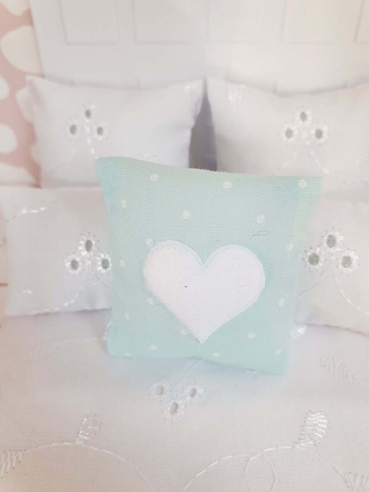 Dolls house Choice of Colours 1 x Polka Dot Cushion with a Coloured Heart cushion, 12th scale cushions, miniature cushion