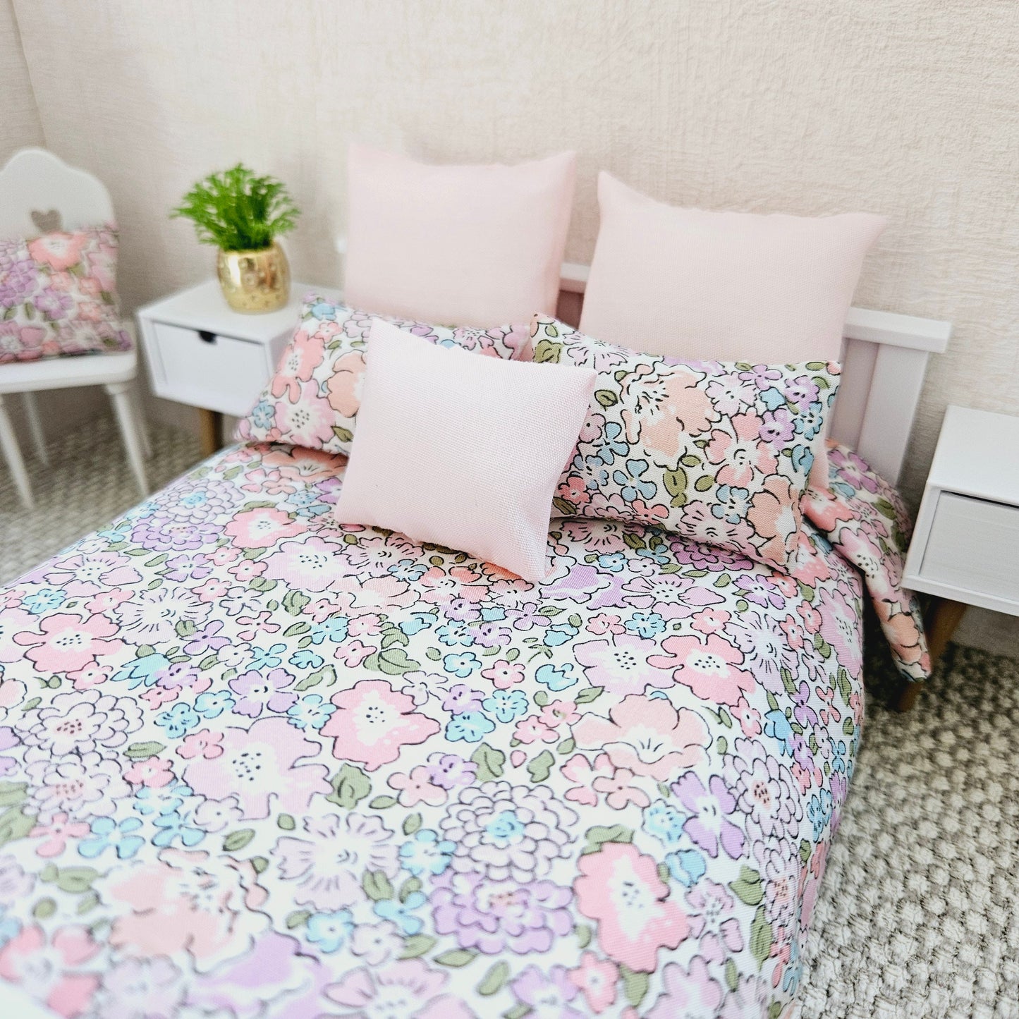 Dolls house 6 piece set, Double bedding, Liberty Michelle floral print, 12th scale bedding, miniature bed set (BD4)