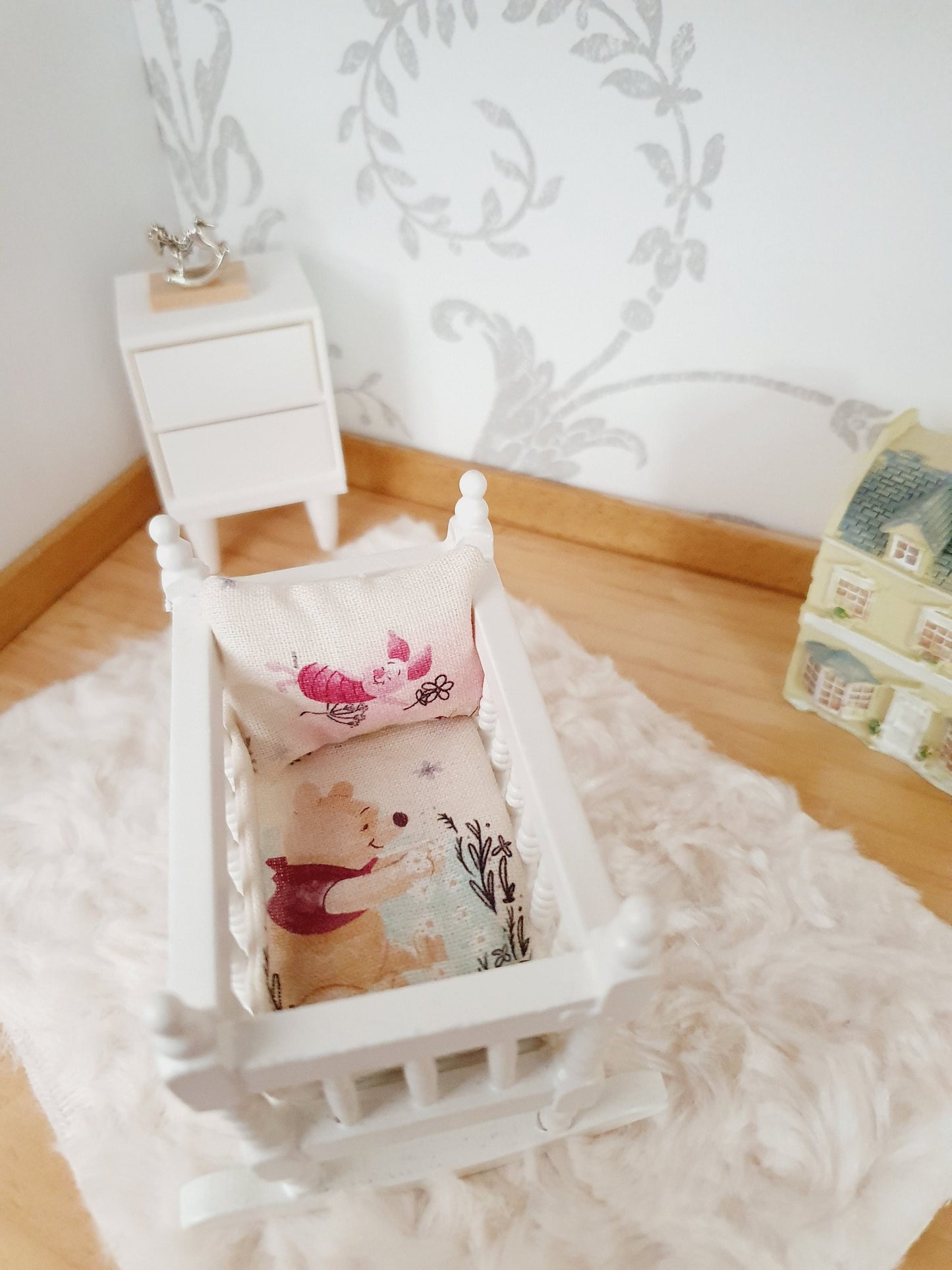 Dolls House Cot Bedding Set – Winnie the Pooh & Piglet Design, Handmade in England, 1:12 Scale