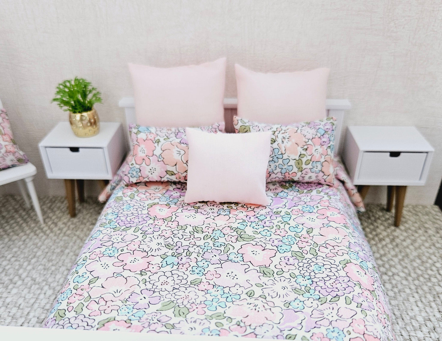 Dolls house 6 piece set, Double bedding, Liberty Michelle floral print, 12th scale bedding, miniature bed set (BD4)