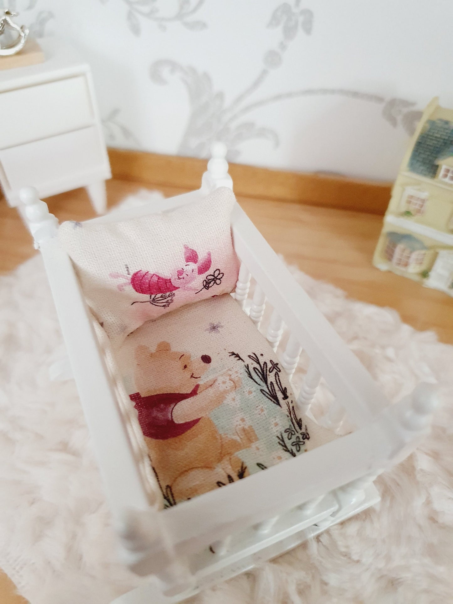 Dolls House Cot Bedding Set – Winnie the Pooh & Piglet Design, Handmade in England, 1:12 Scale
