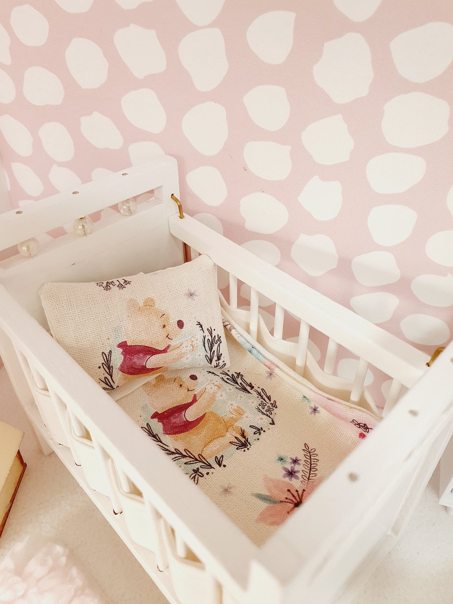 Dolls House Cot Bedding Set – Winnie the Pooh & Piglet Design, Handmade in England, 1:12 Scale