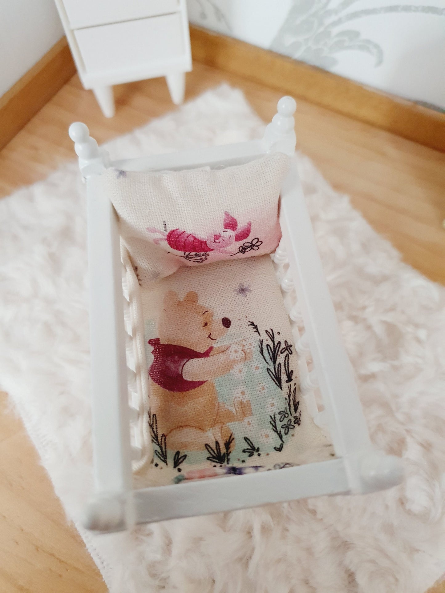 Dolls House Cot Bedding Set – Winnie the Pooh & Piglet Design, Handmade in England, 1:12 Scale