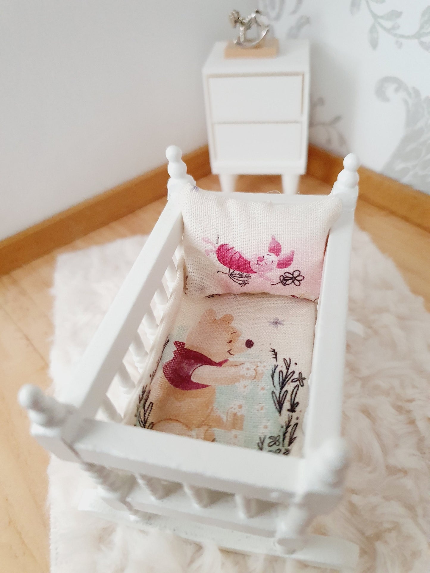 Dolls House Cot Bedding Set – Winnie the Pooh & Piglet Design, Handmade in England, 1:12 Scale