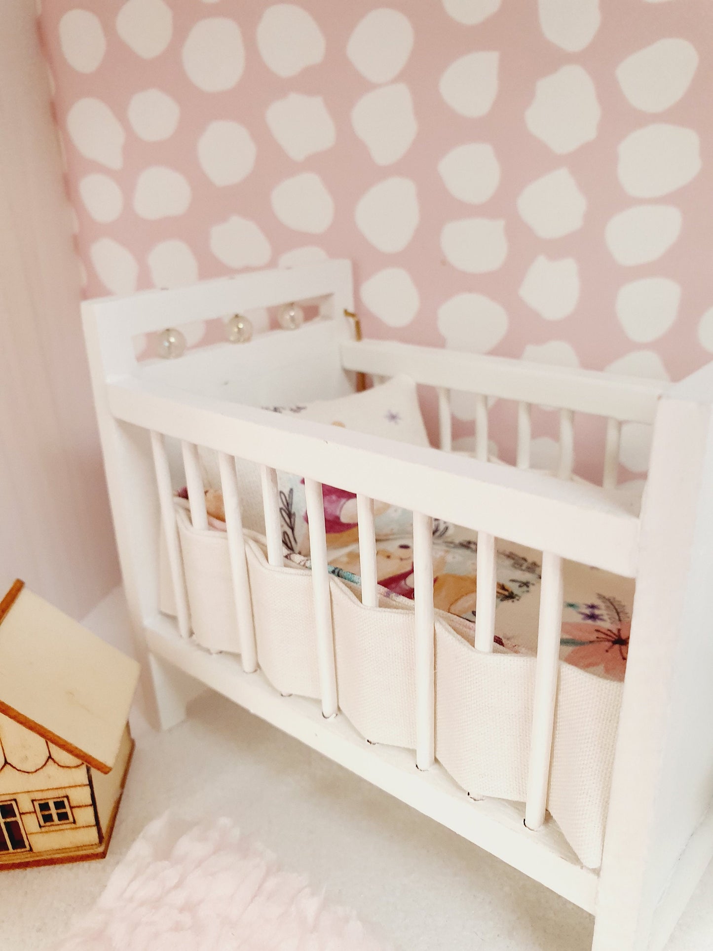 Dolls House Cot Bedding Set – Winnie the Pooh & Piglet Design, Handmade in England, 1:12 Scale