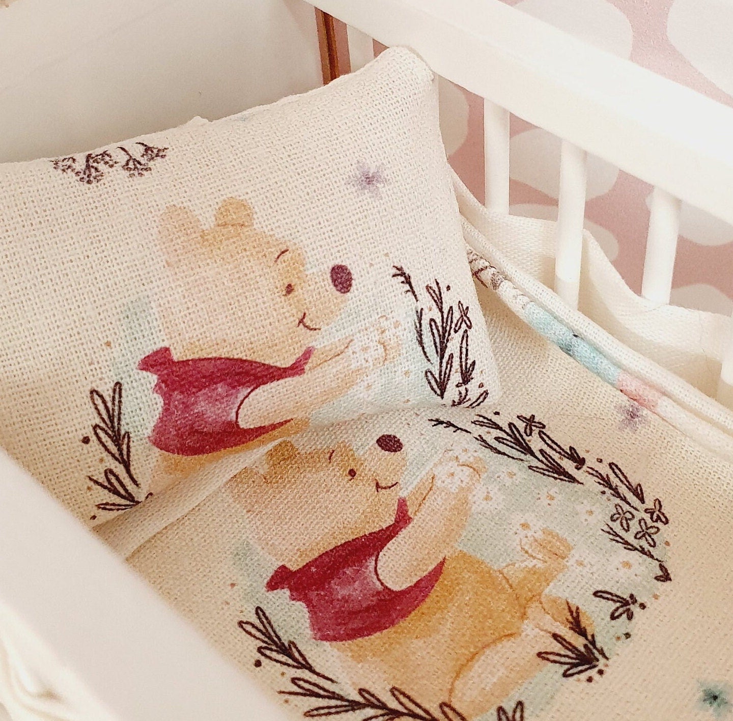 Dolls House Cot Bedding Set – Winnie the Pooh & Piglet Design, Handmade in England, 1:12 Scale