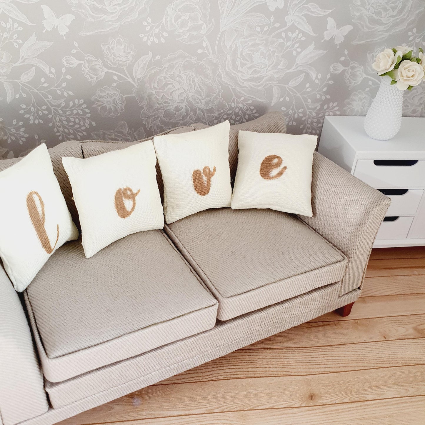 Dolls house 4x Love cushions | Cream cushions | 12th scale miniature cushions