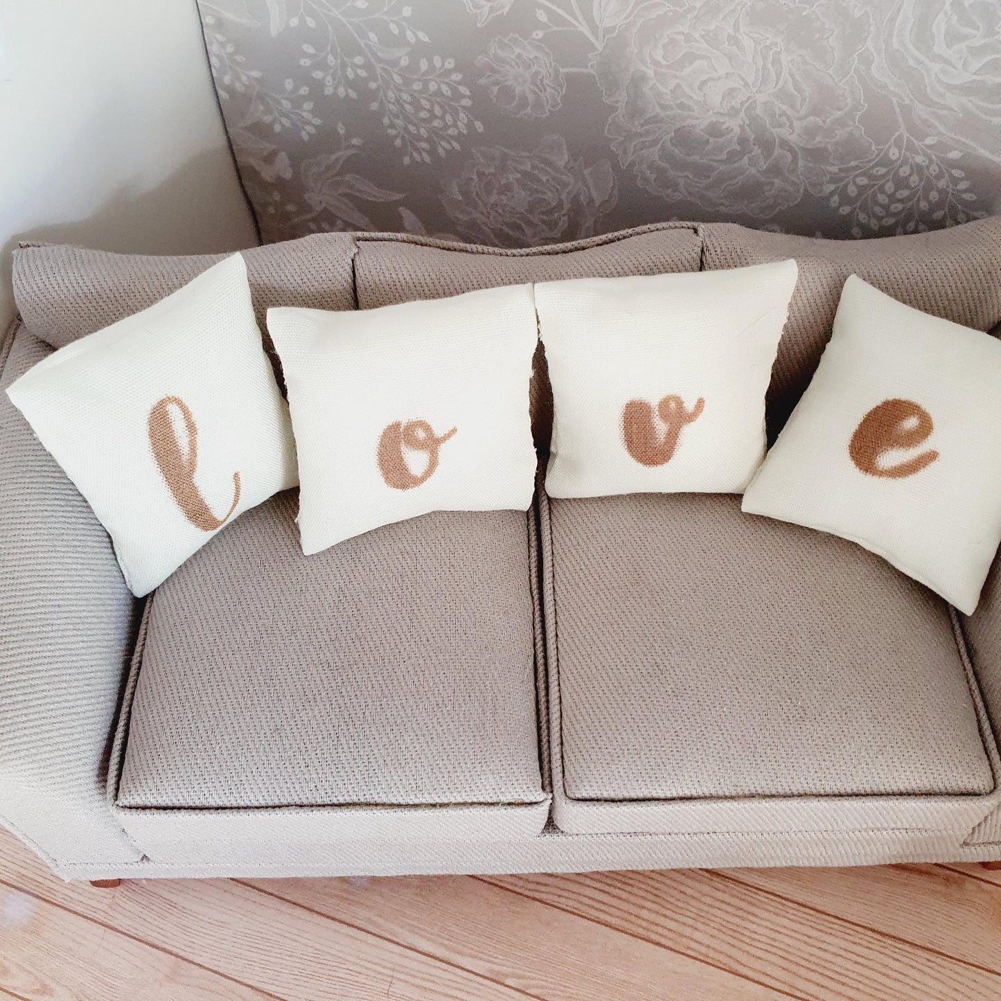 Dolls house 4x Love cushions | Cream cushions | 12th scale miniature cushions