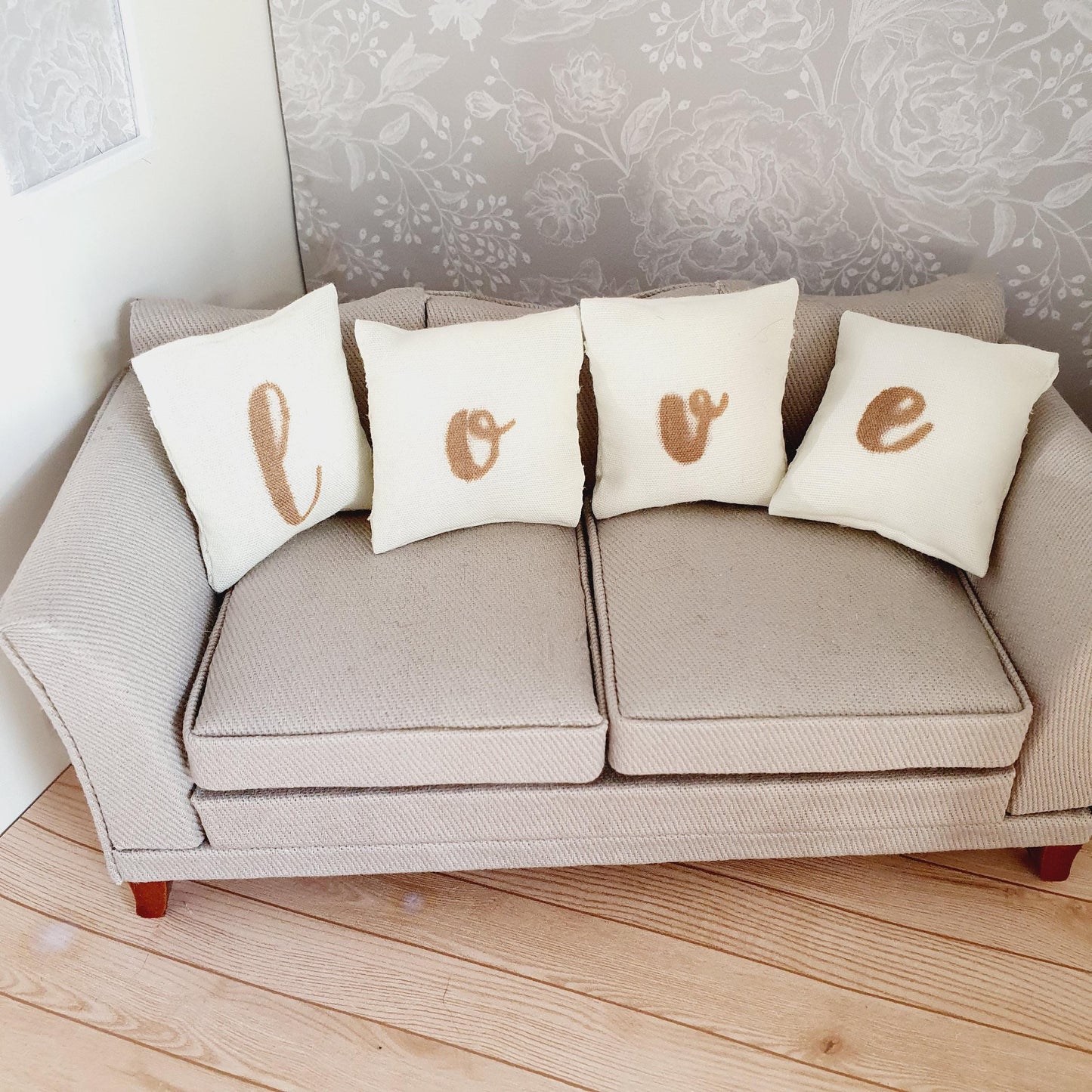 Dolls house 4x Love cushions | Cream cushions | 12th scale miniature cushions