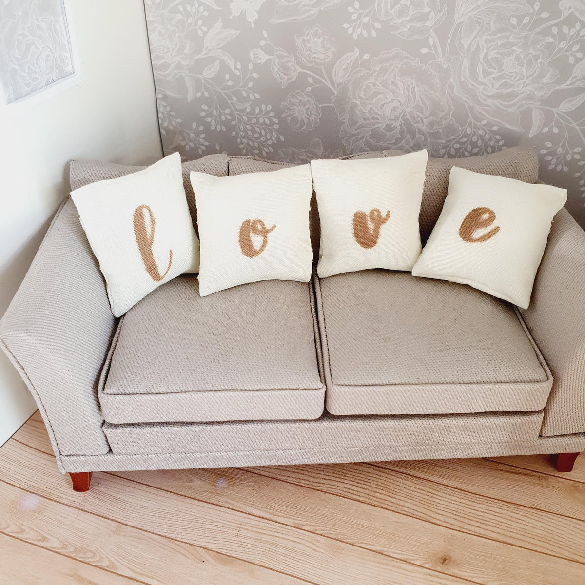 Dolls house 4x Love cushions | Cream cushions | 12th scale miniature cushions