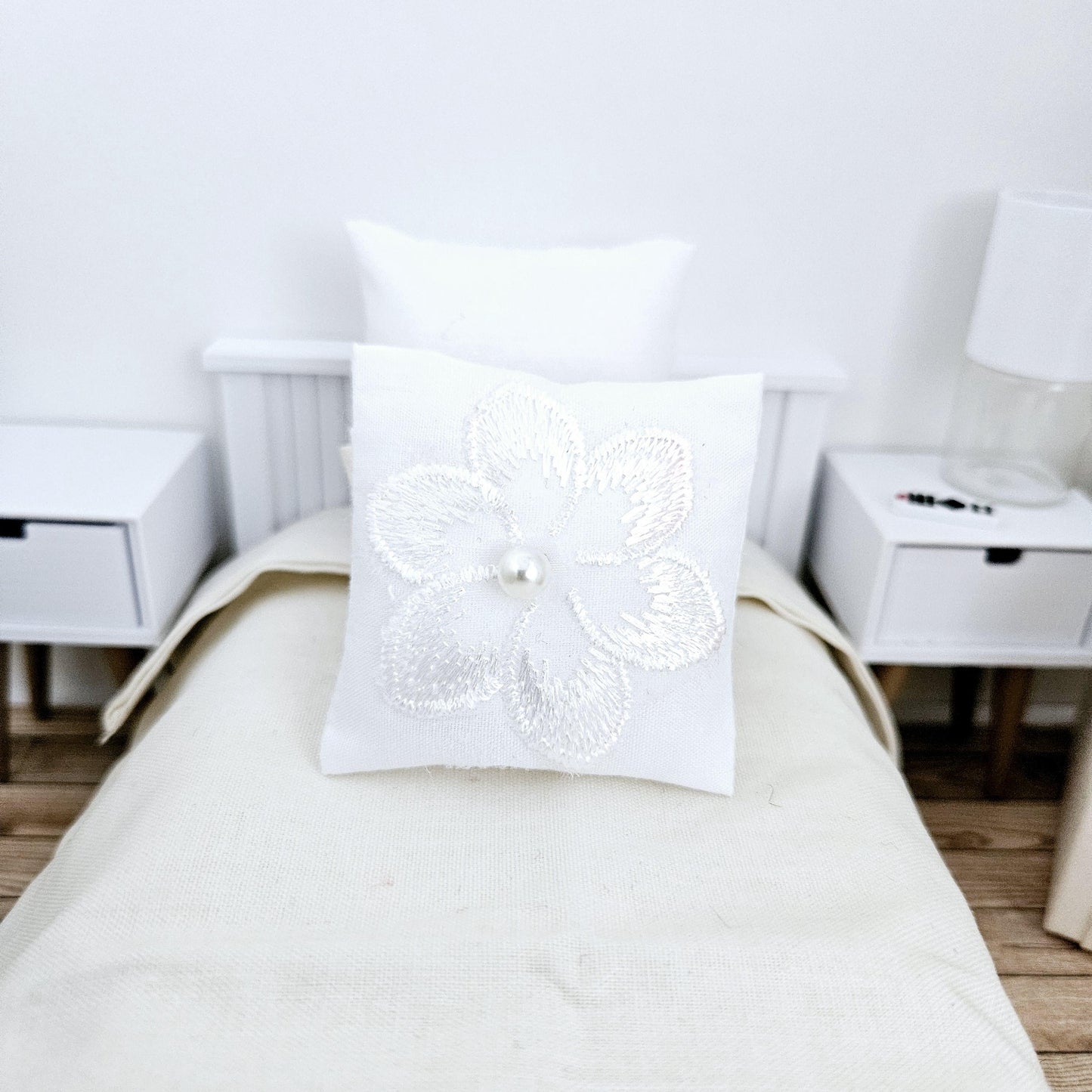 Dolls House White Flower Cushion , 12th scale cushions, miniature cushion