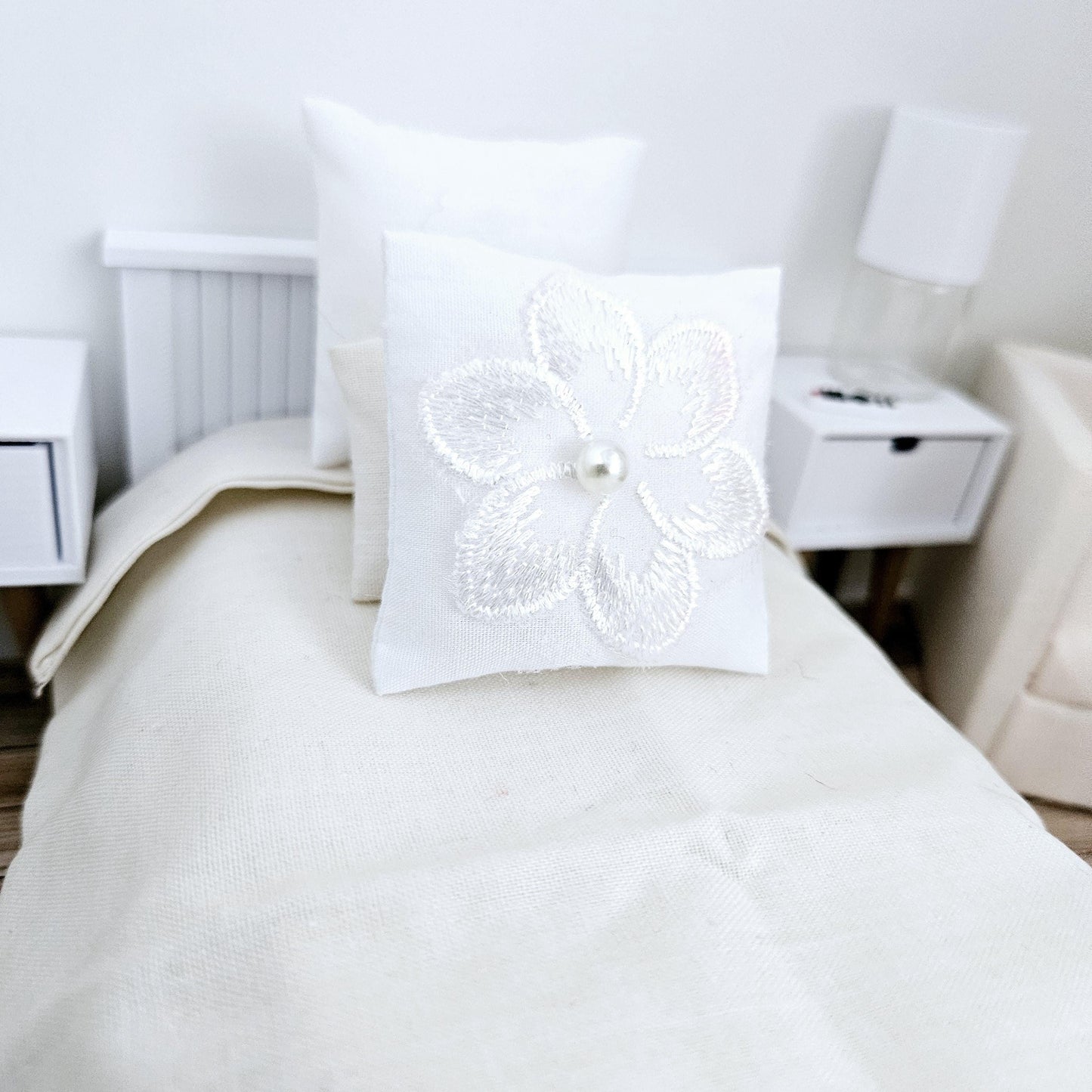 Dolls House White Flower Cushion , 12th scale cushions, miniature cushion
