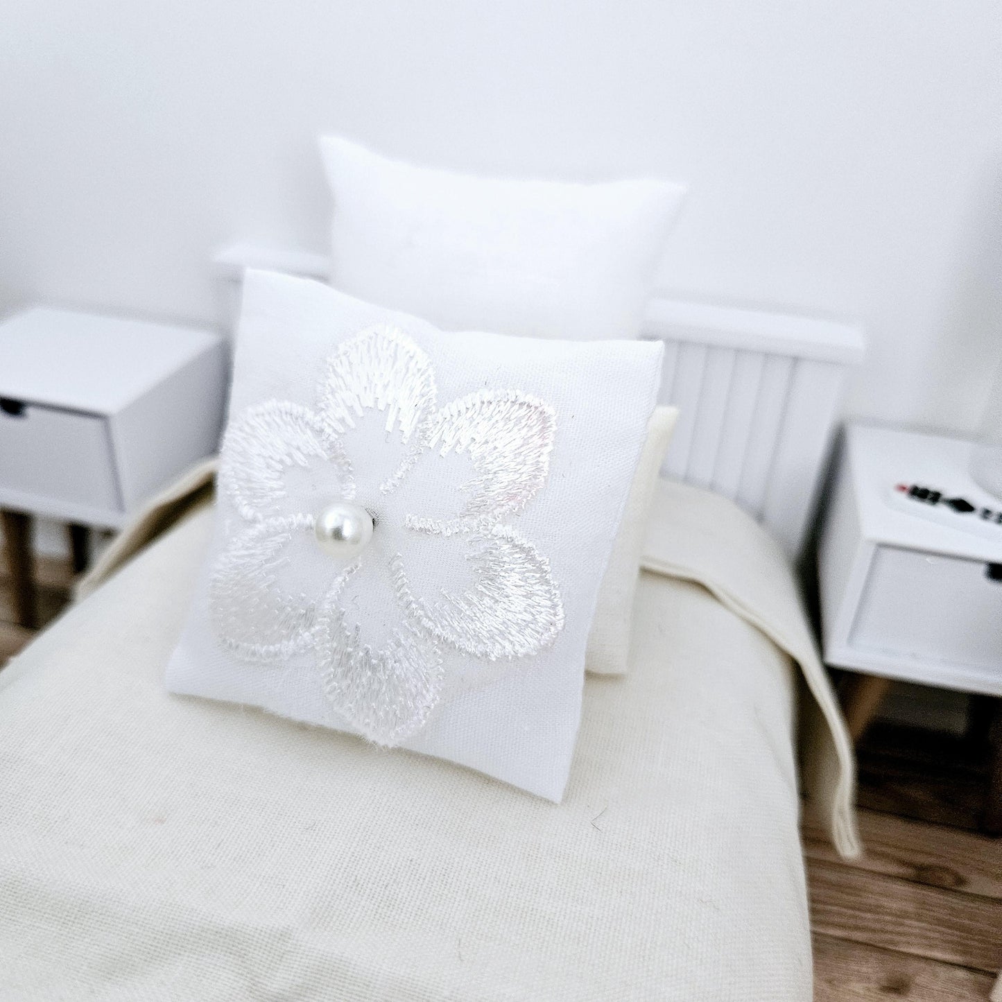 Dolls House White Flower Cushion , 12th scale cushions, miniature cushion