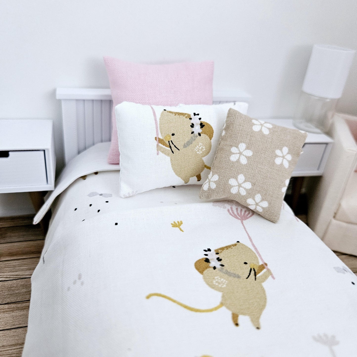 Dolls house Single bedding, pretty mouse design, 12th scale bedding, miniature bed set