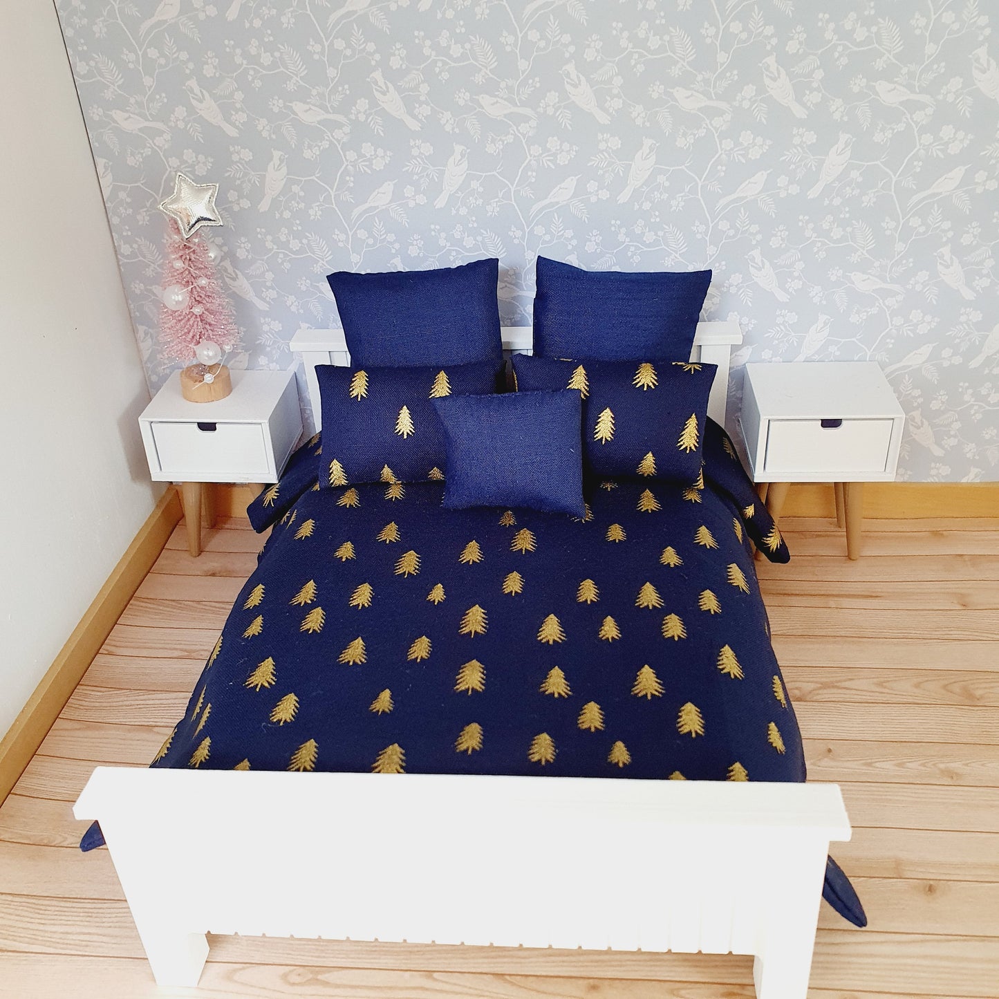 Dolls house Christmas 6 piece bedding set, Double bedding, Navy with gold trees, 12th scale bedding, miniature bed set