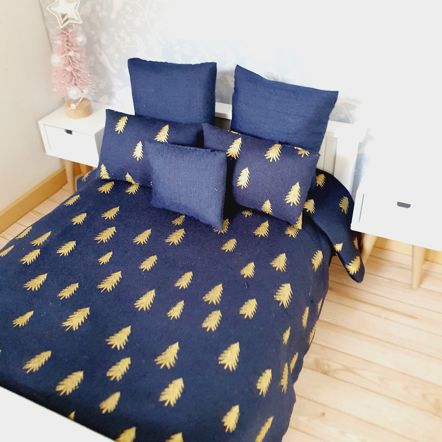Dolls house Christmas 6 piece bedding set, Double bedding, Navy with gold trees, 12th scale bedding, miniature bed set
