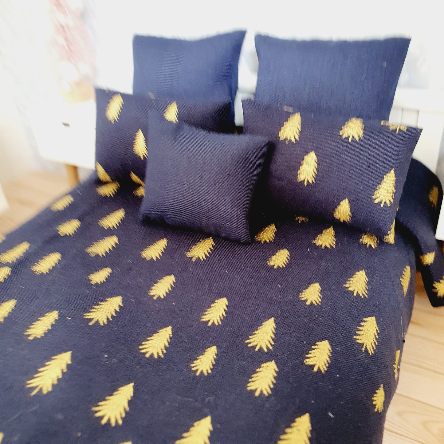 Dolls house Christmas 6 piece bedding set, Double bedding, Navy with gold trees, 12th scale bedding, miniature bed set