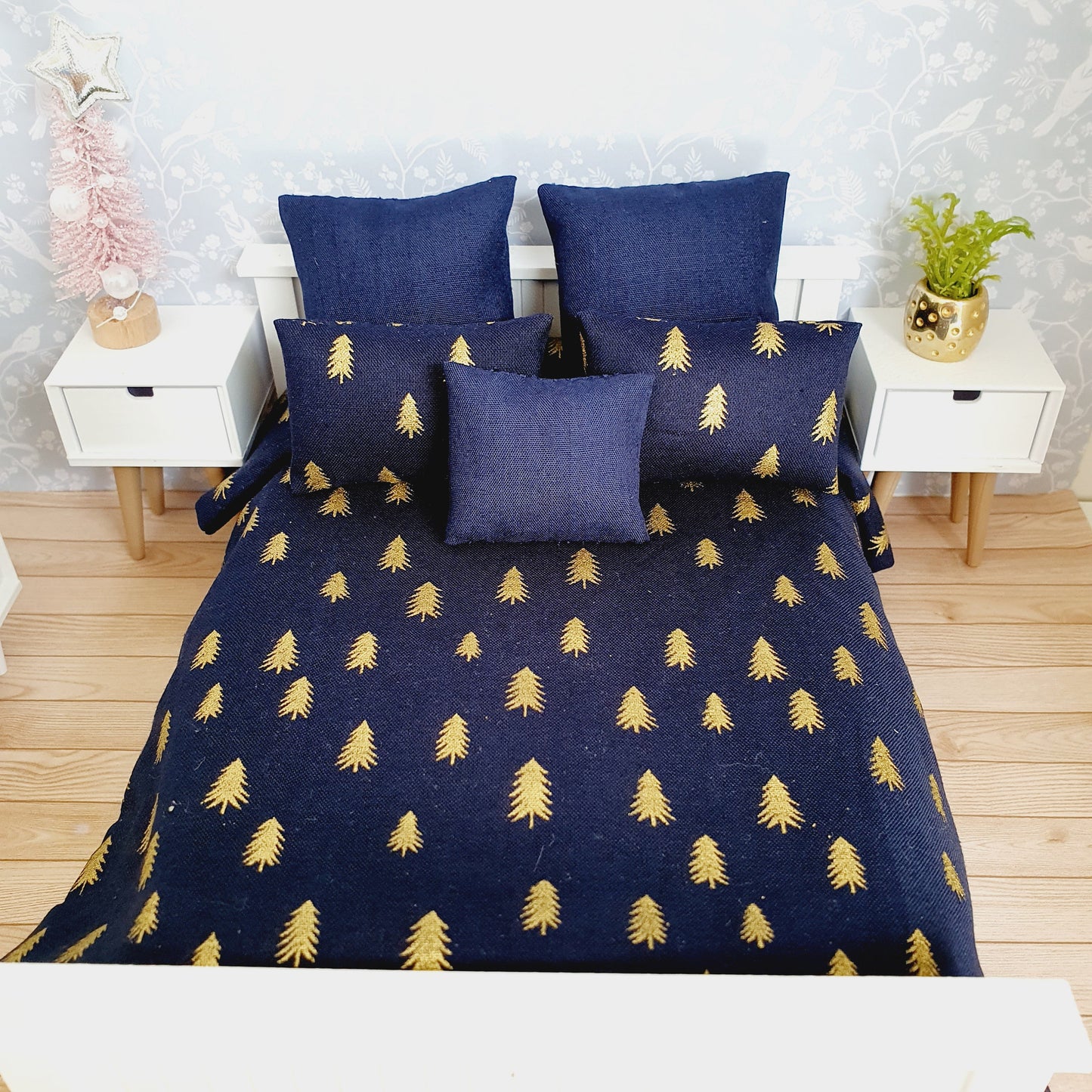 Dolls house Christmas 6 piece bedding set, Double bedding, Navy with gold trees, 12th scale bedding, miniature bed set