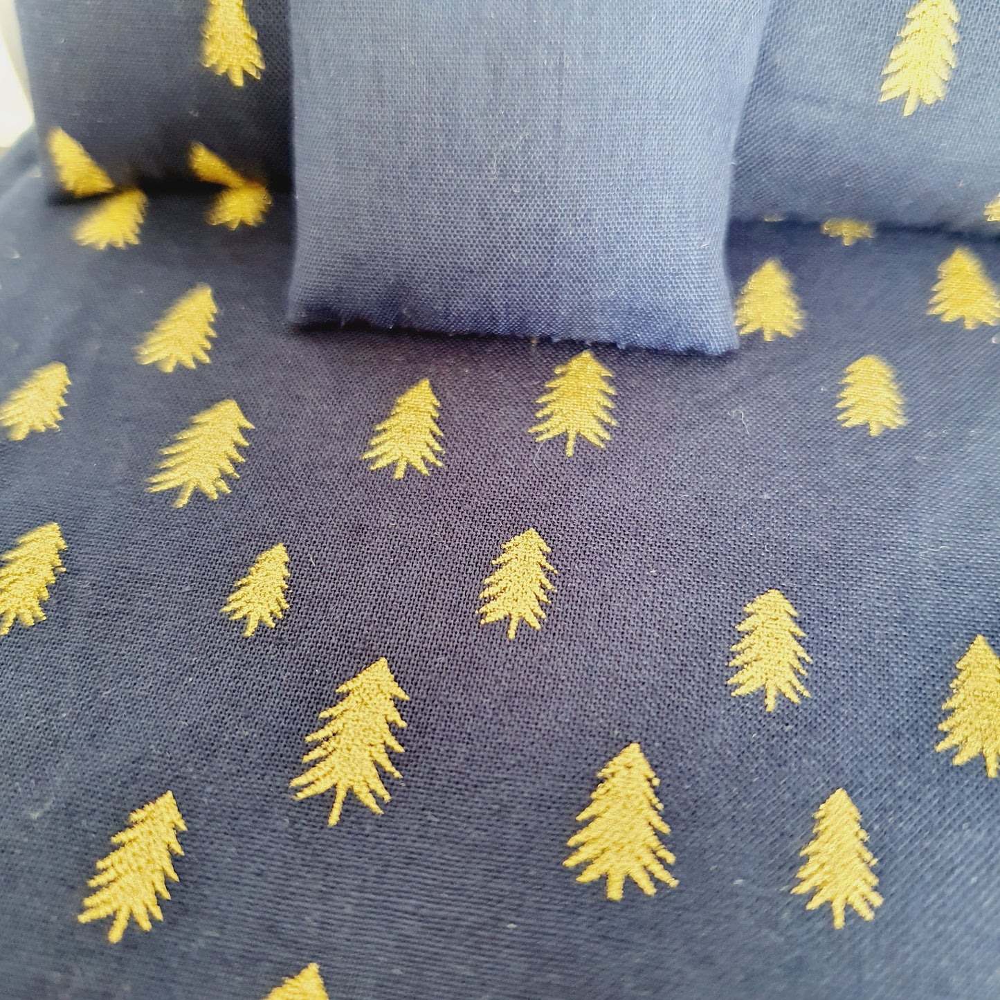 Dolls house Christmas 6 piece bedding set, Double bedding, Navy with gold trees, 12th scale bedding, miniature bed set