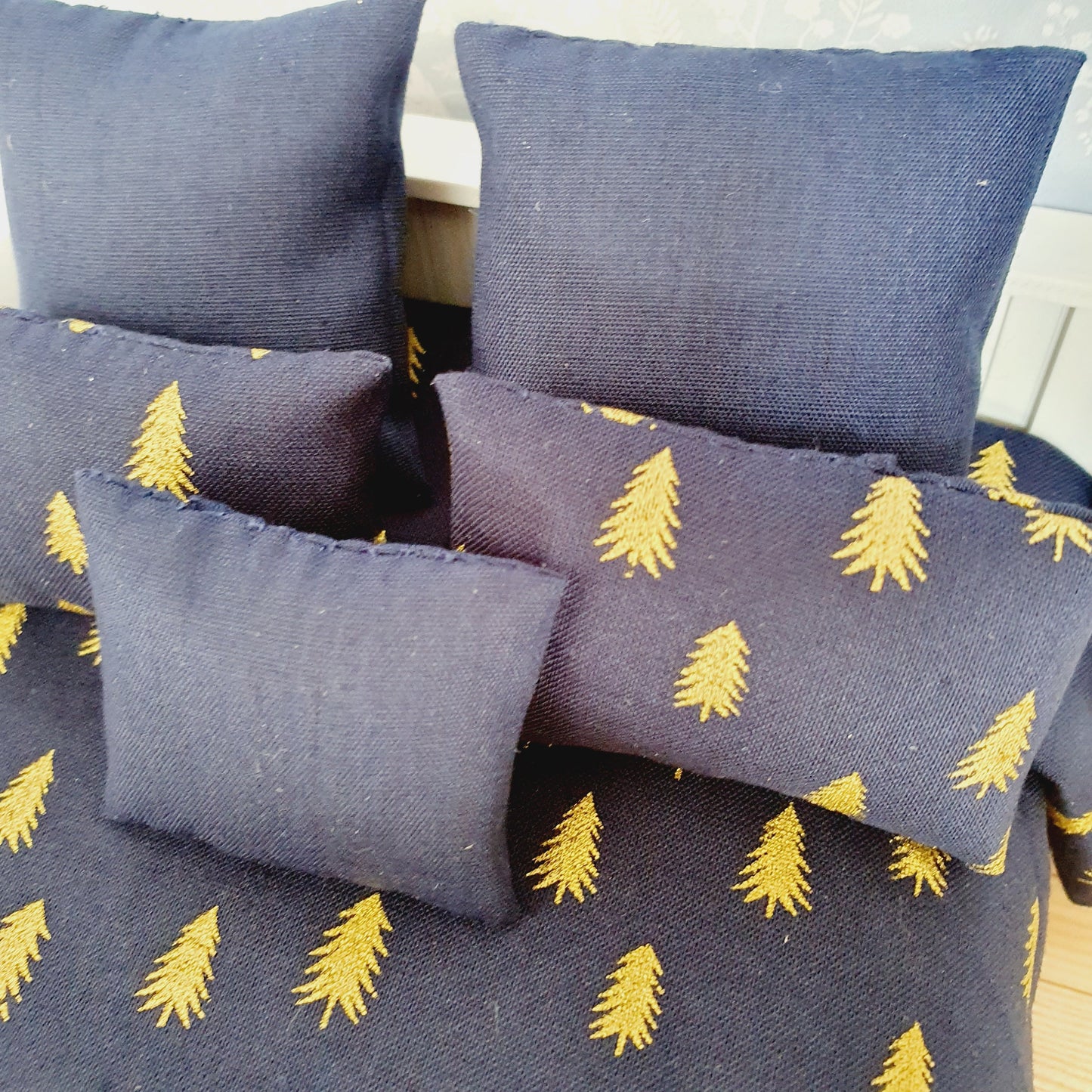 Dolls house Christmas 6 piece bedding set, Double bedding, Navy with gold trees, 12th scale bedding, miniature bed set