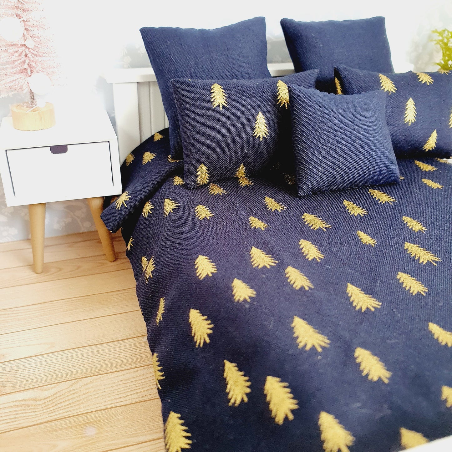 Dolls house Christmas 6 piece bedding set, Double bedding, Navy with gold trees, 12th scale bedding, miniature bed set