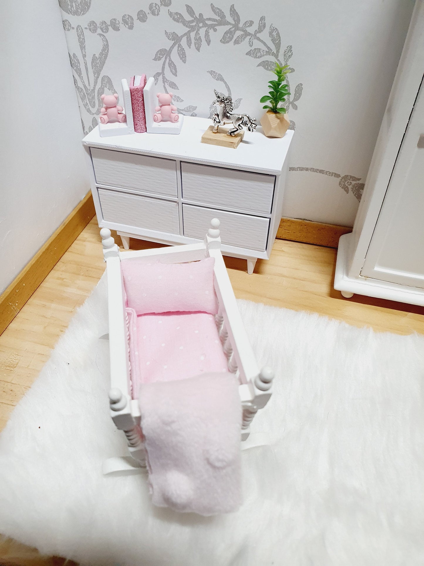 Dolls House Crib Bedding Set – Pink Polka Dot Design, Handmade in England, 1:12 Scale