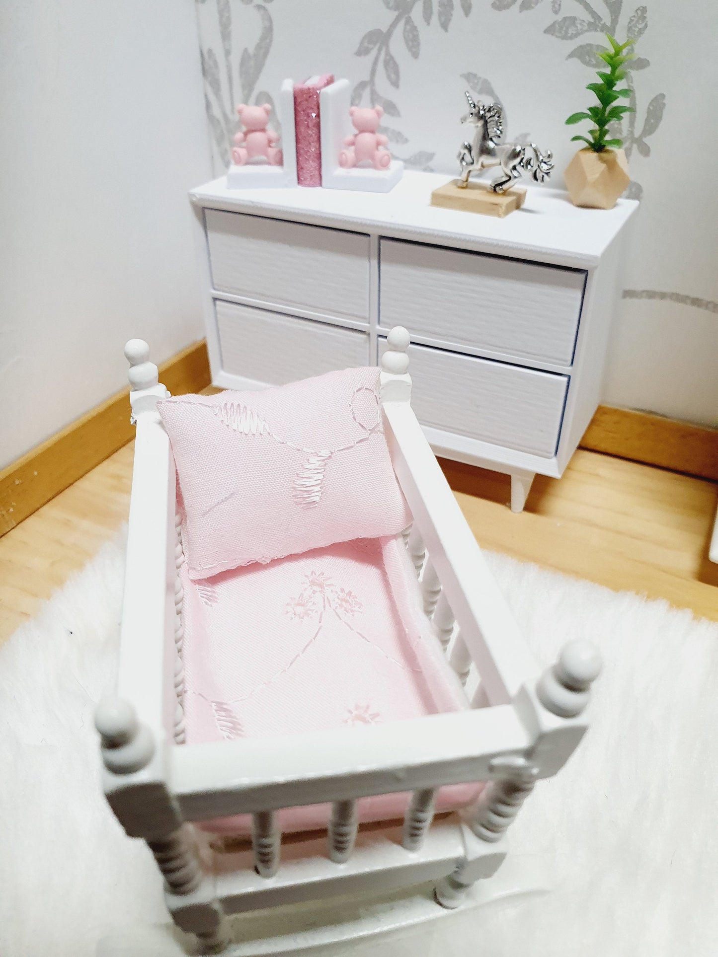Dolls House Crib Bedding Set – Pink Polka Dot Design, Handmade in England, 1:12 Scale