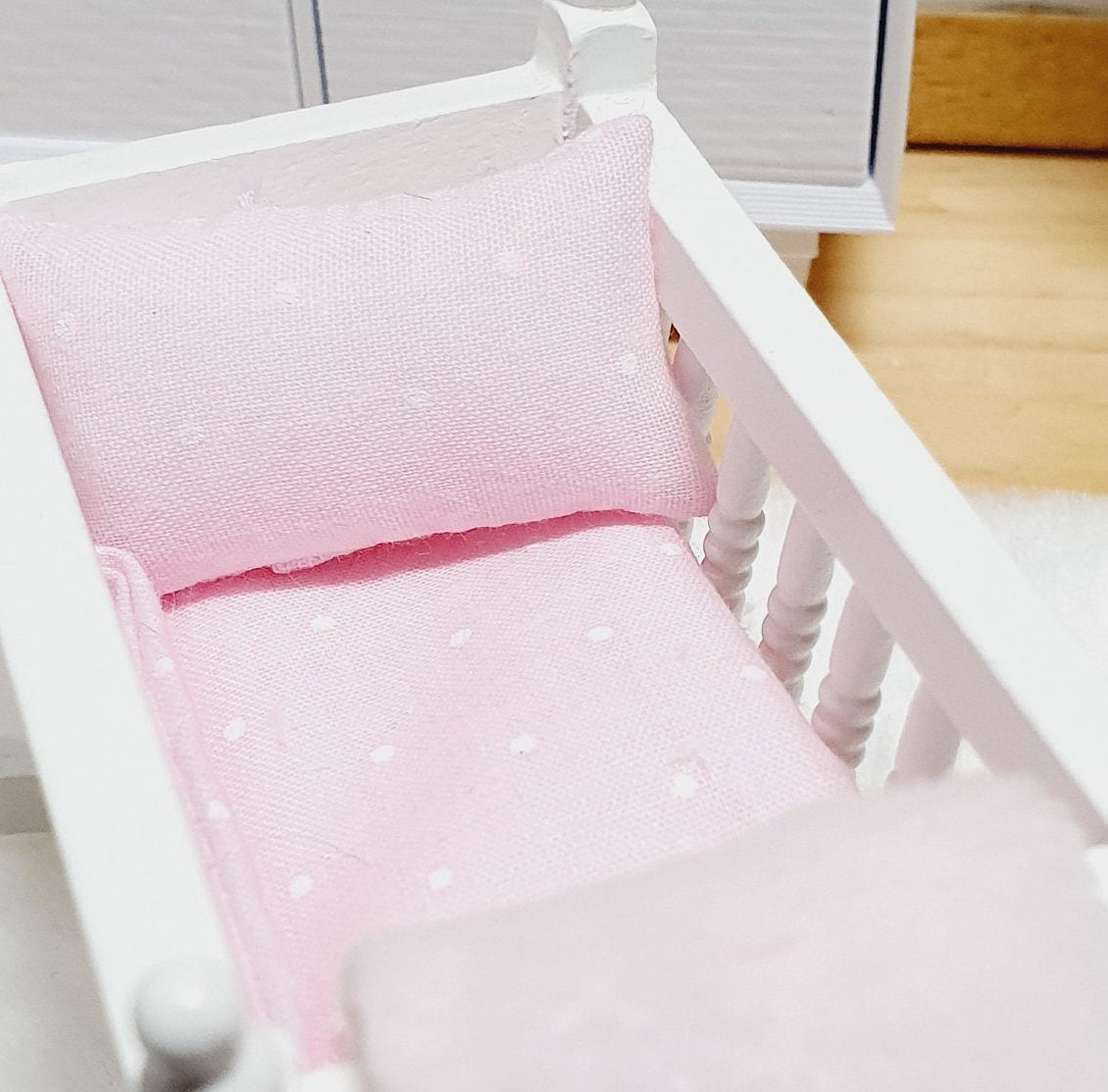 Dolls House Crib Bedding Set – Pink Polka Dot Design, Handmade in England, 1:12 Scale