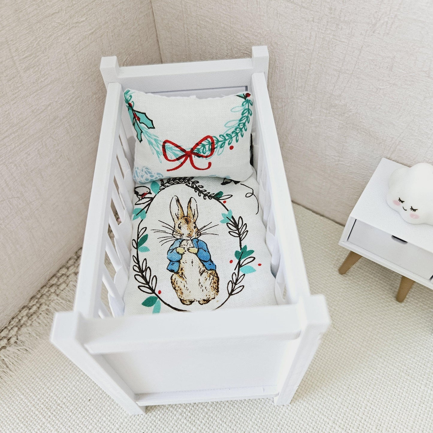 Dolls House Christmas Cot Bedding Set – Peter Rabbit Design, Handmade in England, 1:12 Scale