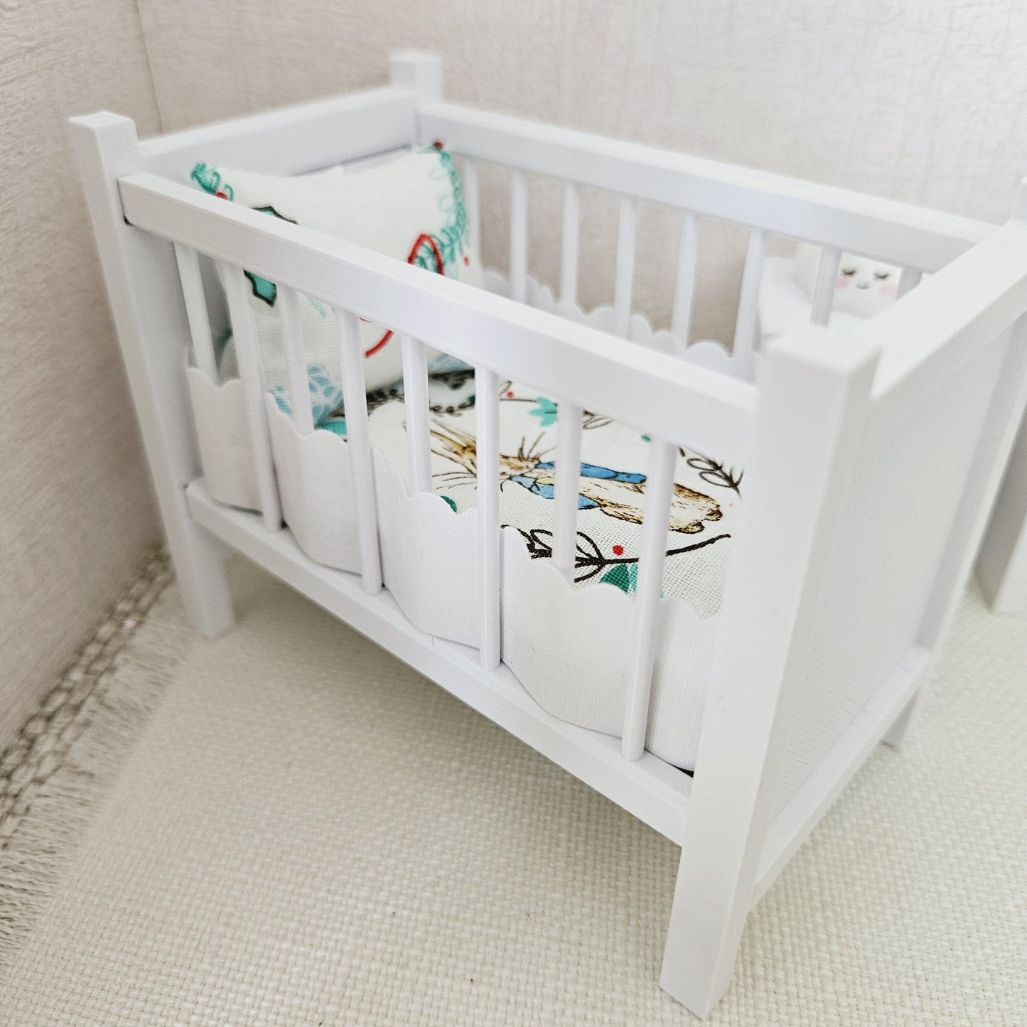 Dolls House Christmas Cot Bedding Set – Peter Rabbit Design, Handmade in England, 1:12 Scale
