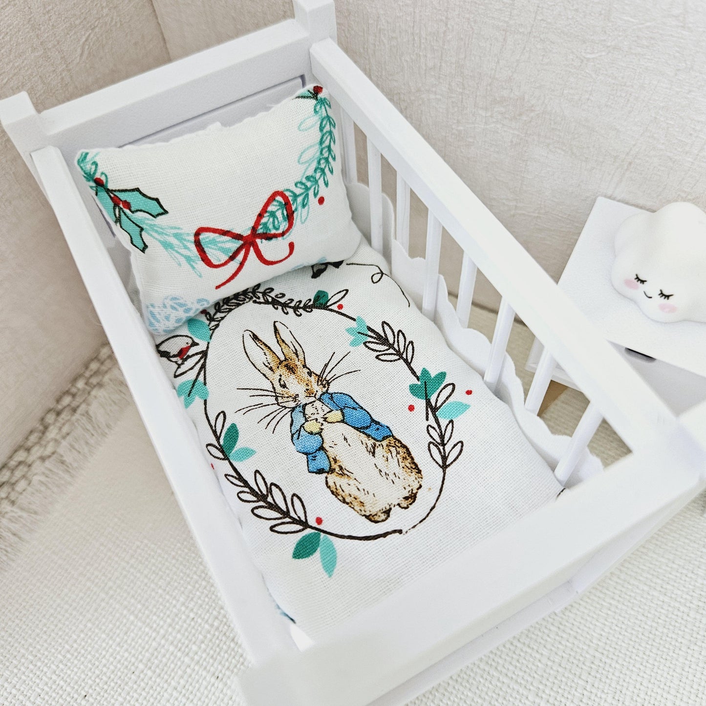 Dolls House Christmas Cot Bedding Set – Peter Rabbit Design, Handmade in England, 1:12 Scale