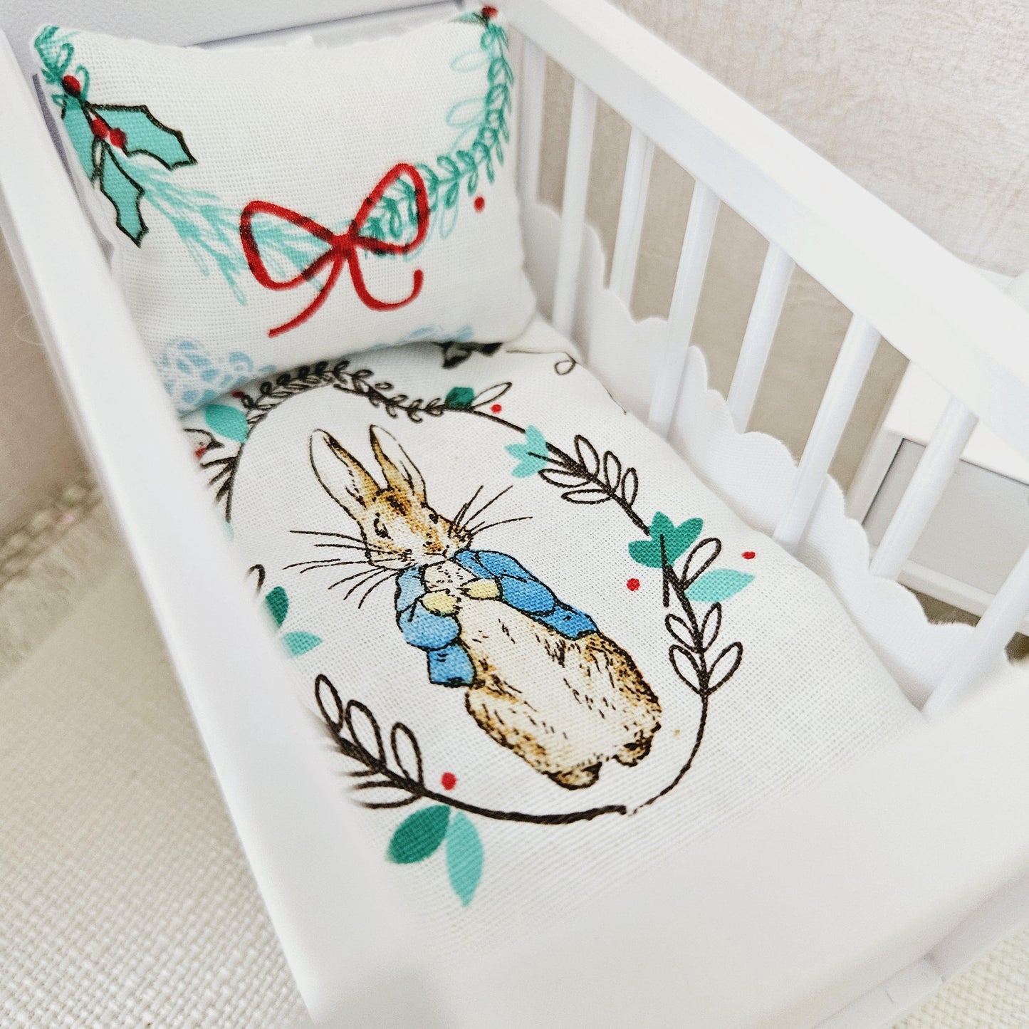 Dolls House Christmas Cot Bedding Set – Peter Rabbit Design, Handmade in England, 1:12 Scale