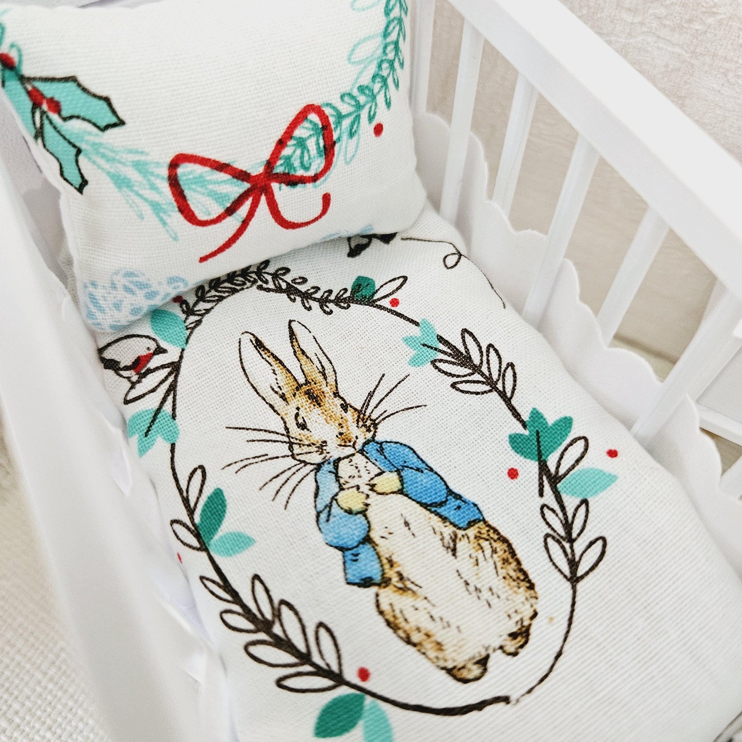 Dolls House Christmas Cot Bedding Set – Peter Rabbit Design, Handmade in England, 1:12 Scale
