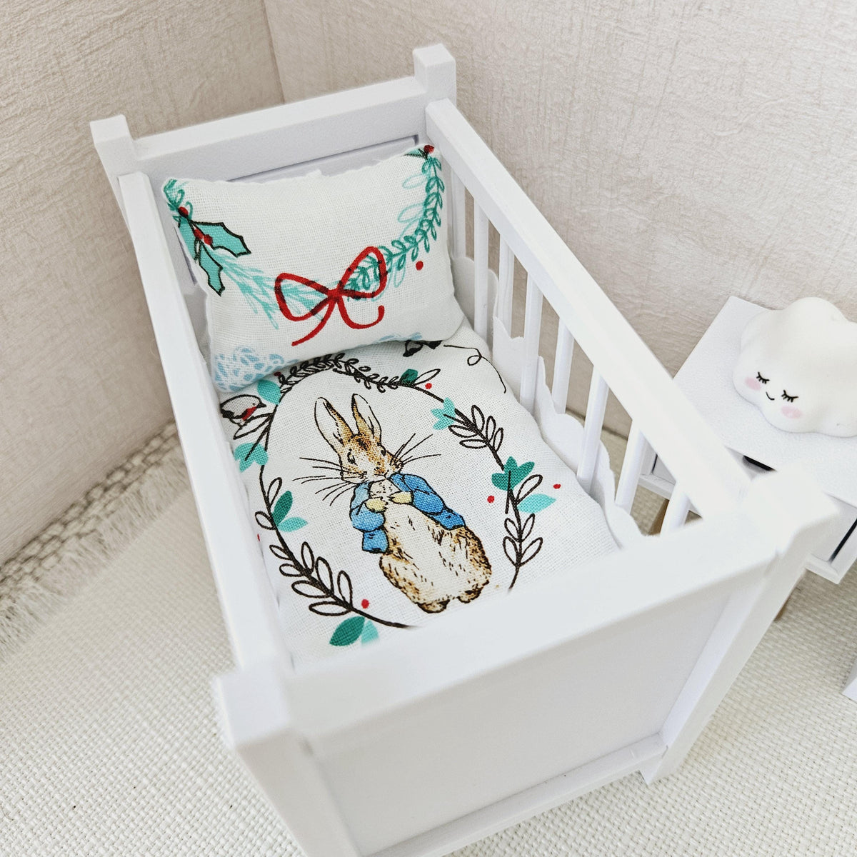 Dolls House Christmas Cot Bedding Set – Peter Rabbit Design, Handmade in England, 1:12 Scale