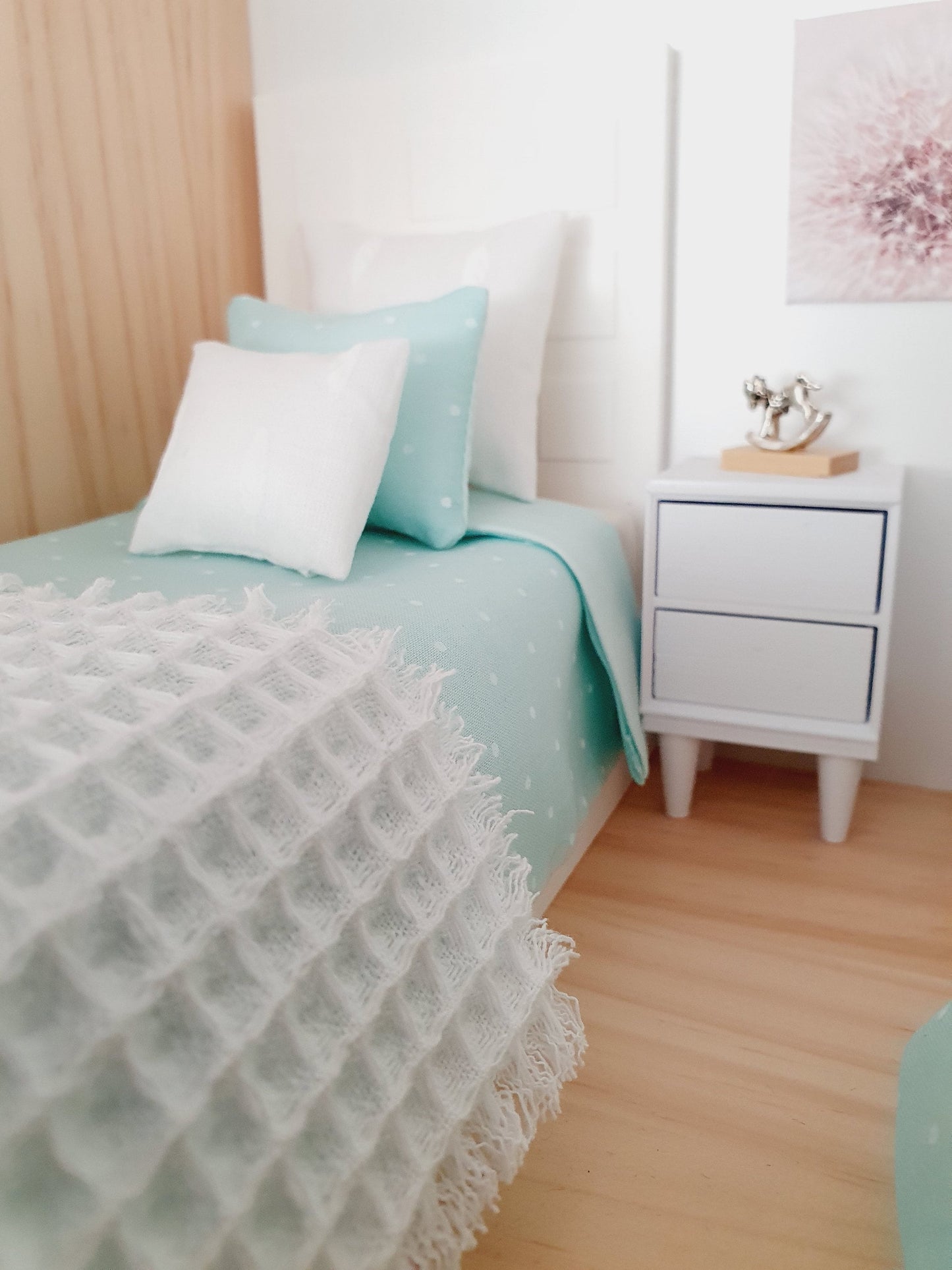 Dolls House Pale Mint with White Polka Dot Single Bedding Set 12th scale bedding, miniature bed set