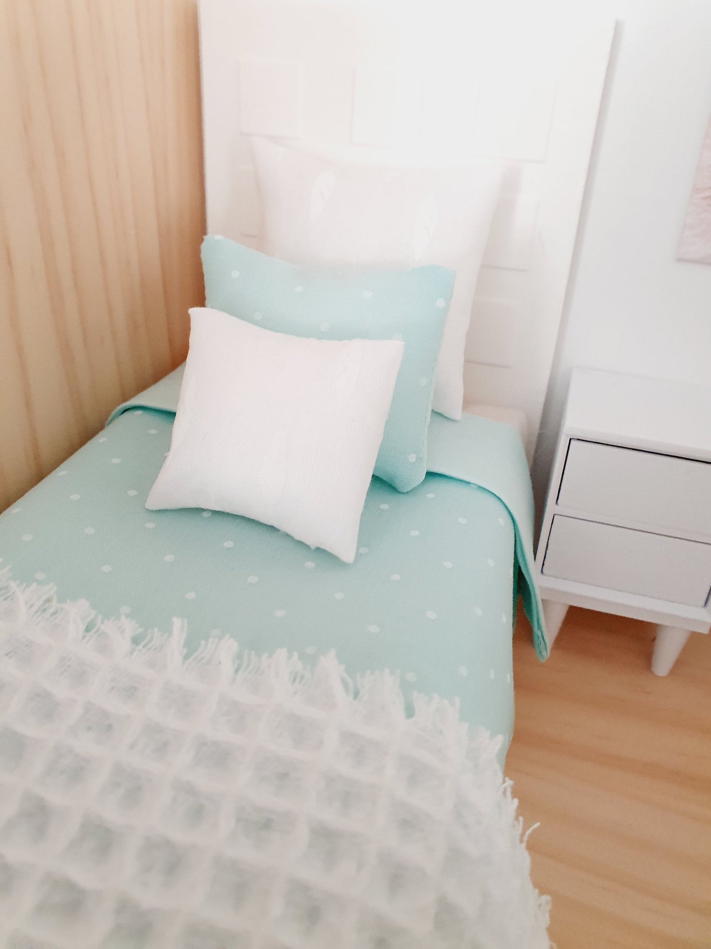 Dolls House Pale Mint with White Polka Dot Single Bedding Set 12th scale bedding, miniature bed set