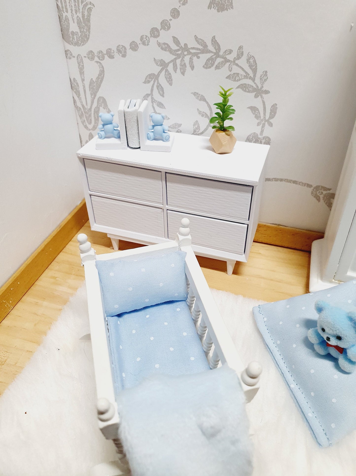 Dolls House Crib Bedding Set – Blue Polka Dot Design, Handmade in England, 1:12 Scale
