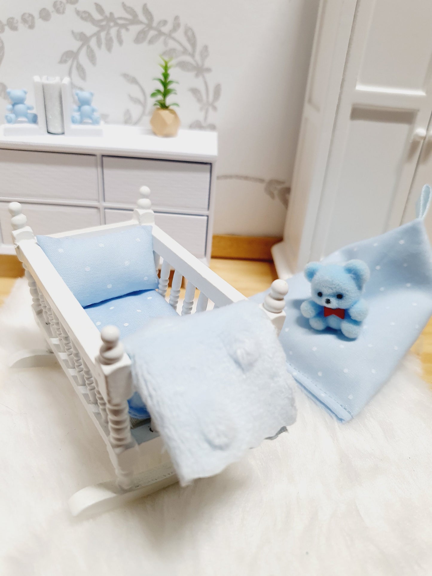 Dolls House Crib Bedding Set – Blue Polka Dot Design, Handmade in England, 1:12 Scale